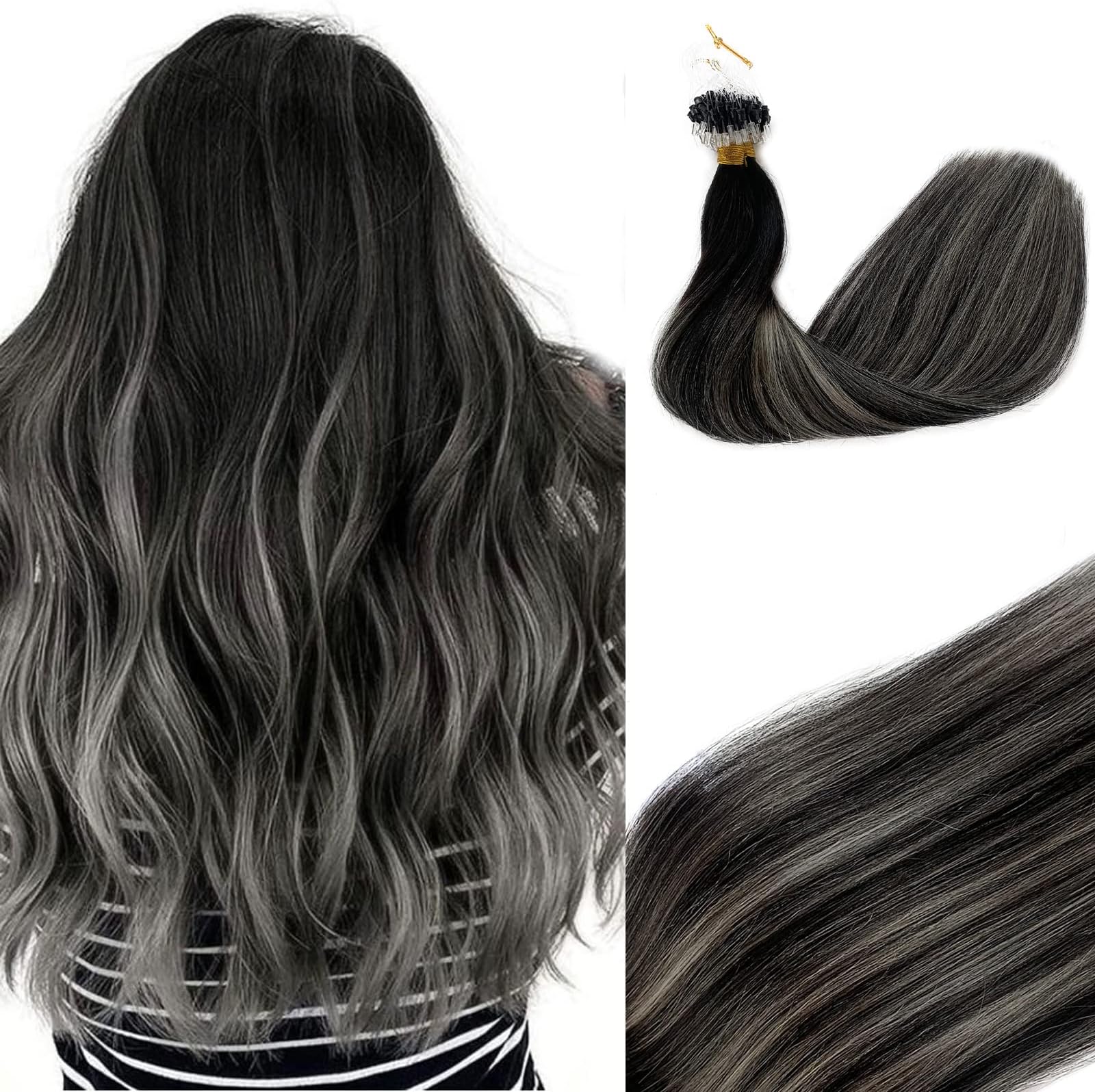 Micro Bead Hair Extensions Balayage Human Hair Micro Extensions Natural Black with Grey Balayage Gold Fusion Microbeads Human Hair Extensions,Ombre Remy Silver Straight Hair 18inch 50g/50s