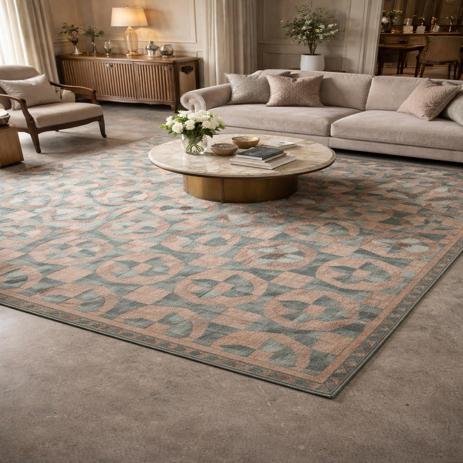 Tapis de salon grande taille à poils ras avec envers antidérapant et finitions géométriques
