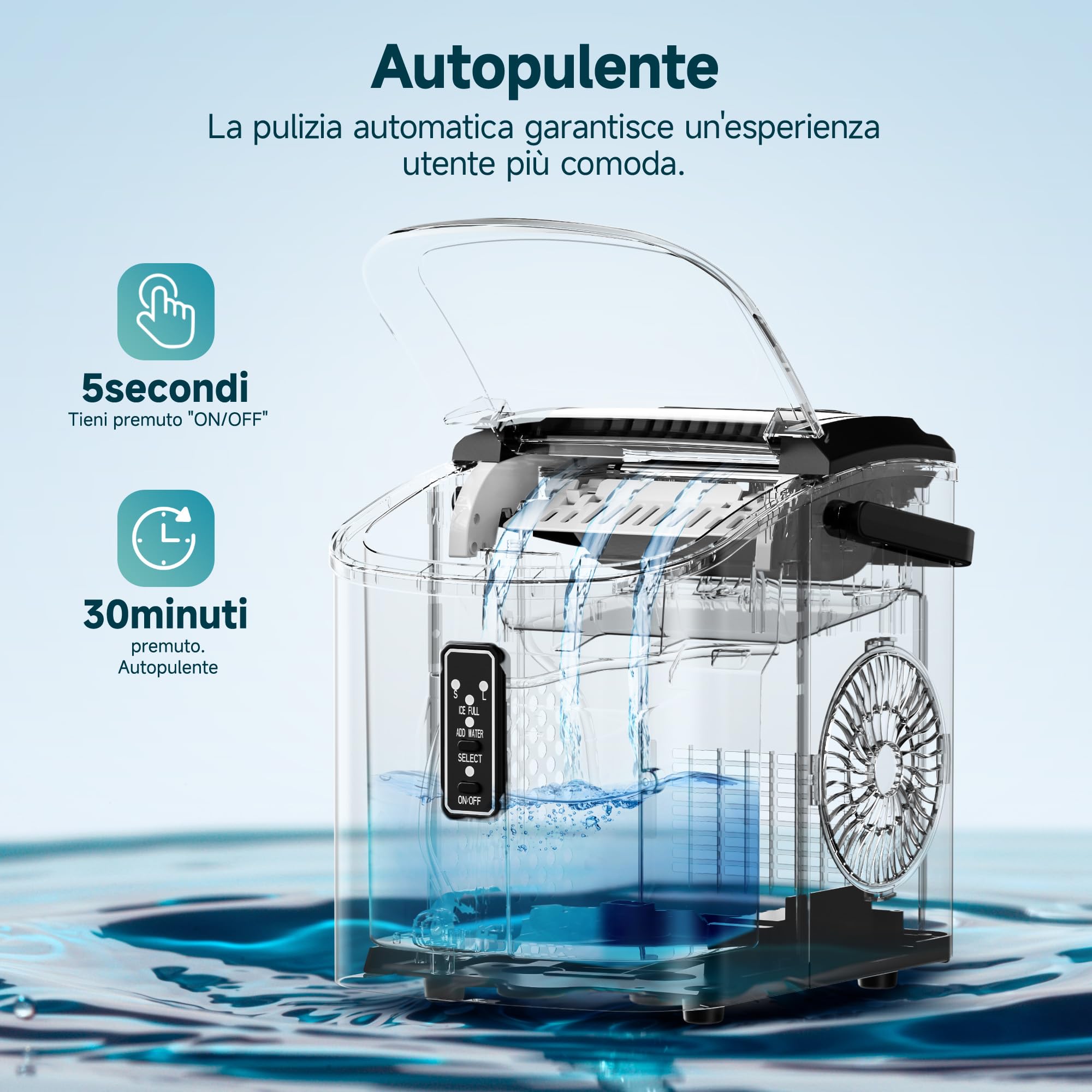 EUHOMY Macchina Ghiaccio Casa: 9 Cubetti in 6 Minuti, Macchina per il Ghiaccio Autopulente, 12KG/24H Macchina del Ghiaccio, 2 Dimensioni di Ghiaccio, con Maniglia/Paletta/Cestello, Nero