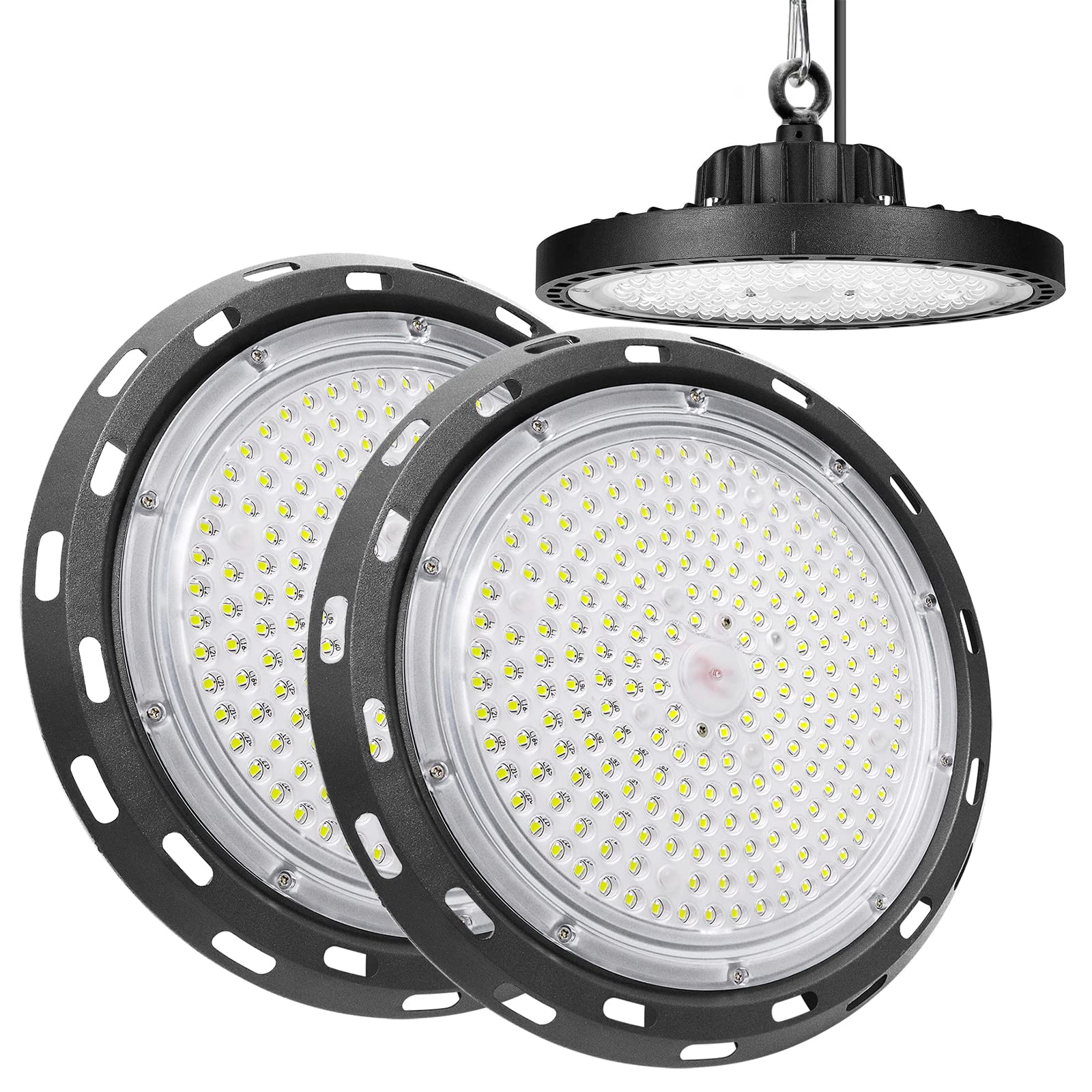 RIGIDON 2 Pack 150W UFO Led High Bay Light, 15000LM 6000K White Led Workshop Light, Industrial Pendant Ceiling Light for Garage Factory Warehouse Barn Gym, IP65 Waterproof Commercial Bay Lighting