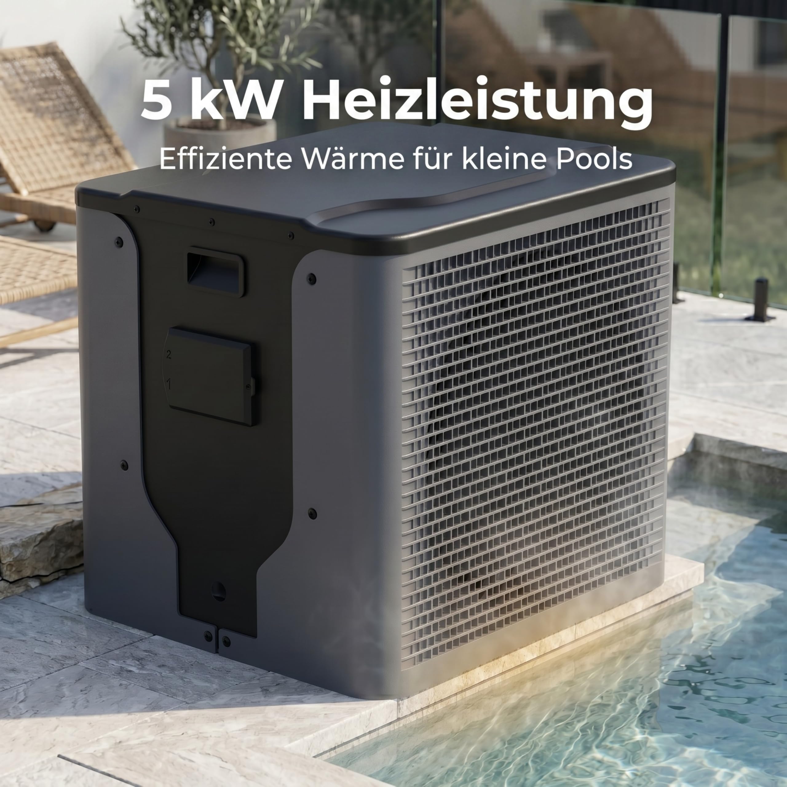 poolomio® Mini Wärmepumpe Pool 5 kW mit WiFi App Steuerung – Effiziente Poolheizung COP 5,10 für Aufstellpool & kleine Pools bis 30.000 Liter – Heizpumpe 32/38 mm Anschluss inkl. Zubehör