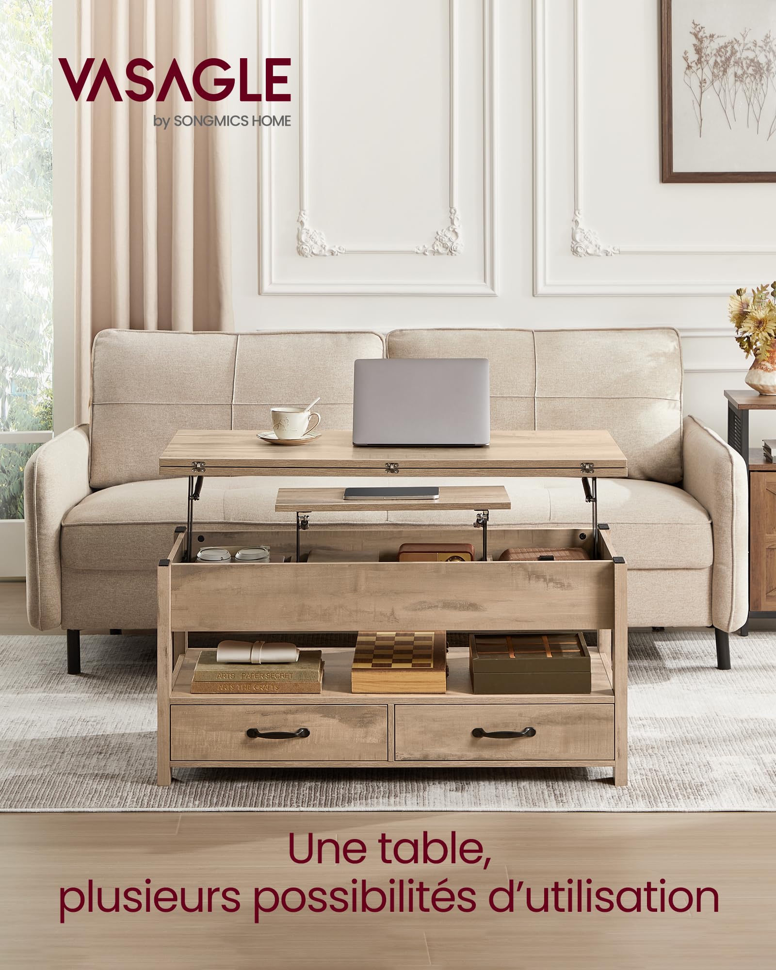 VASAGLE Table Basse, Table de Salon Relevable, Vérin à Gaz, 2 Tiroirs et 3 Compartiments sous Le Plateau, 1 Compartiment Ouvert, pour Salon, Bureau, Marron Camel LCT254L01