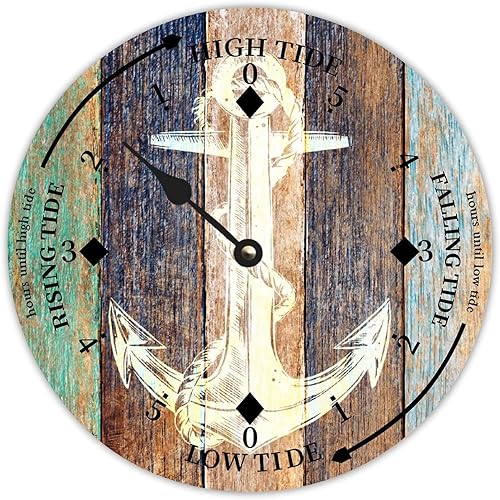 Reloj de marea de madera, ancla náutica, reloj de marea de grano de madera, hora del océano, marea alta, marea baja, reloj rústico de madera con