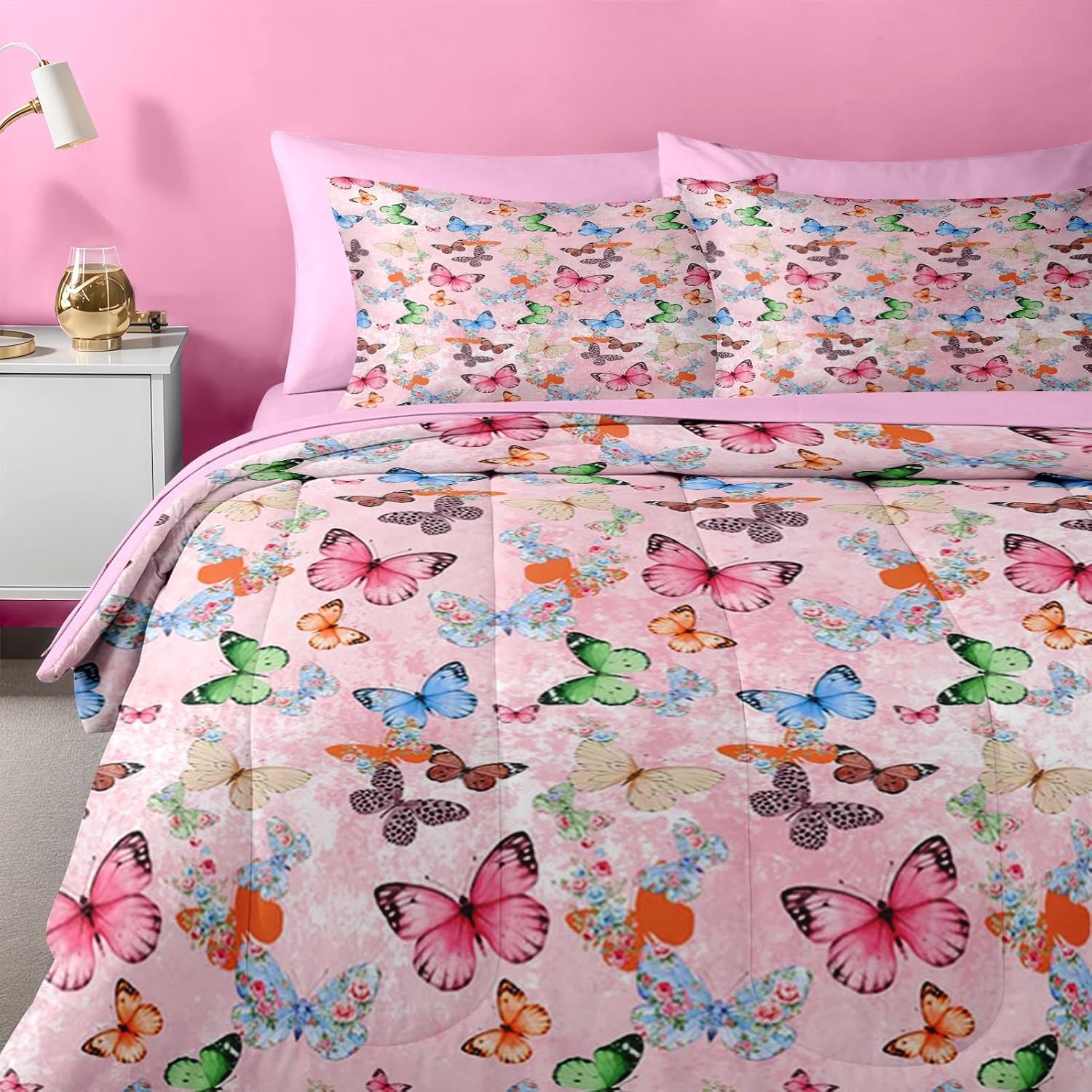 Nesker 7 Pcs Comforter Set Queen Size, Colorful Butterfly Bedding for Kids Teen, Cute Butterflies with Fitted Sheet 2 Pillowcases & 2 Shams for Bedroom Bed Decor - Image 5