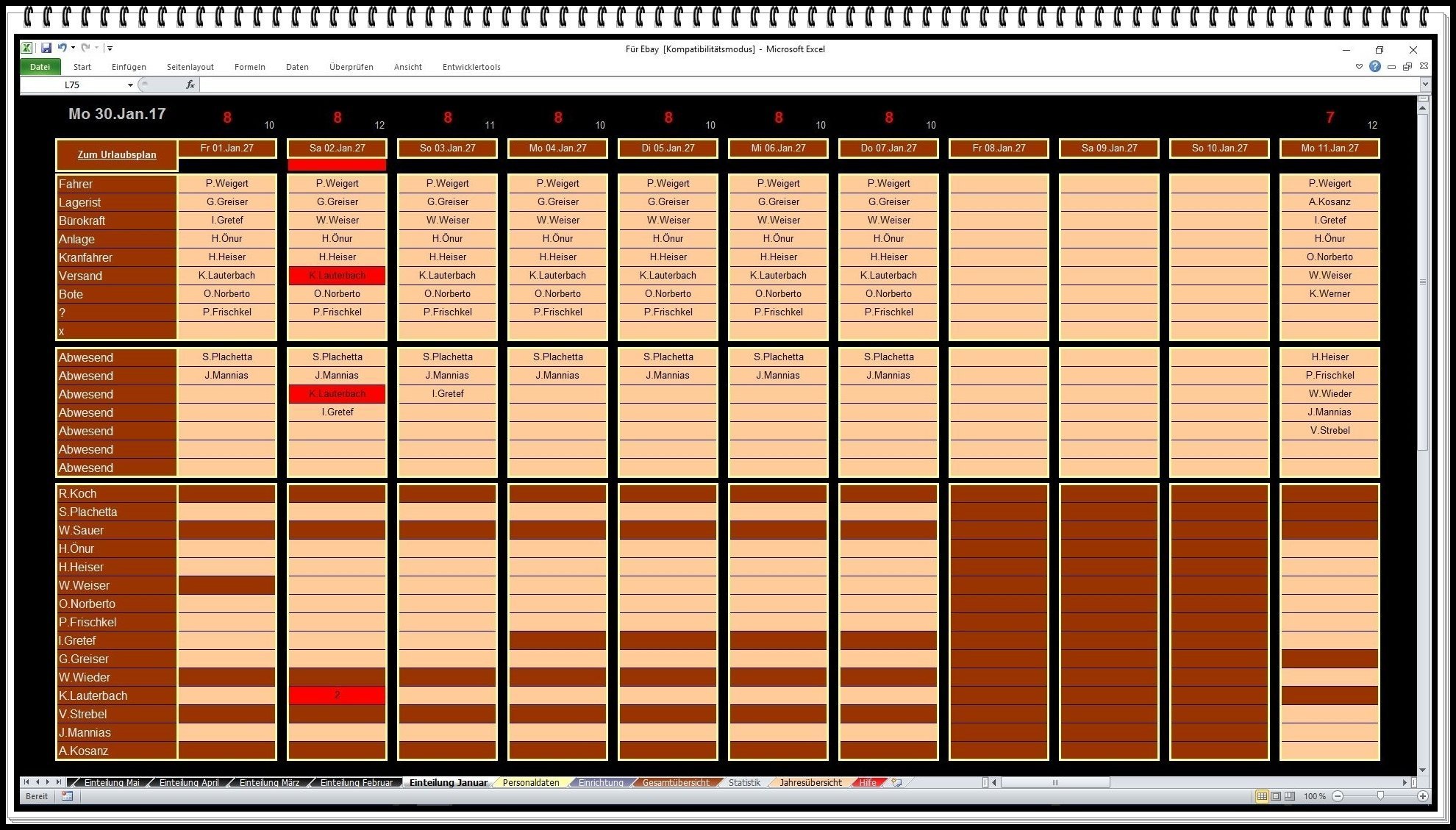 Urlaubsplaner Personalplaner Dienstplaner Software Excel 2026 2027 | Urlaub planen, Vertretungen organisieren und Personaleinsätze übersichtlich verwalten.