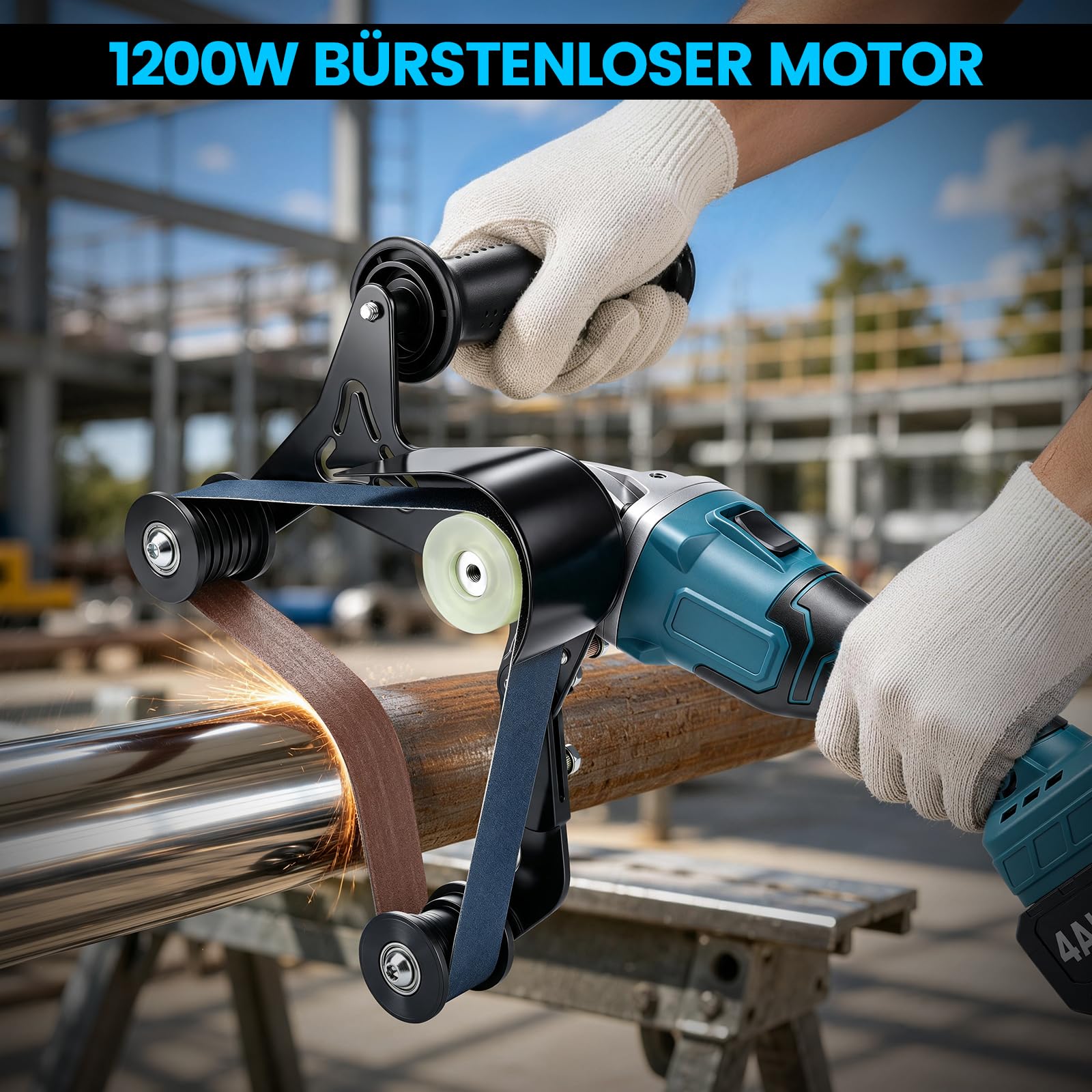 Akku Rohrbandschleifer mit 2x4.0Ah Akkus, 1200W Bürstenloser Bandschleifer