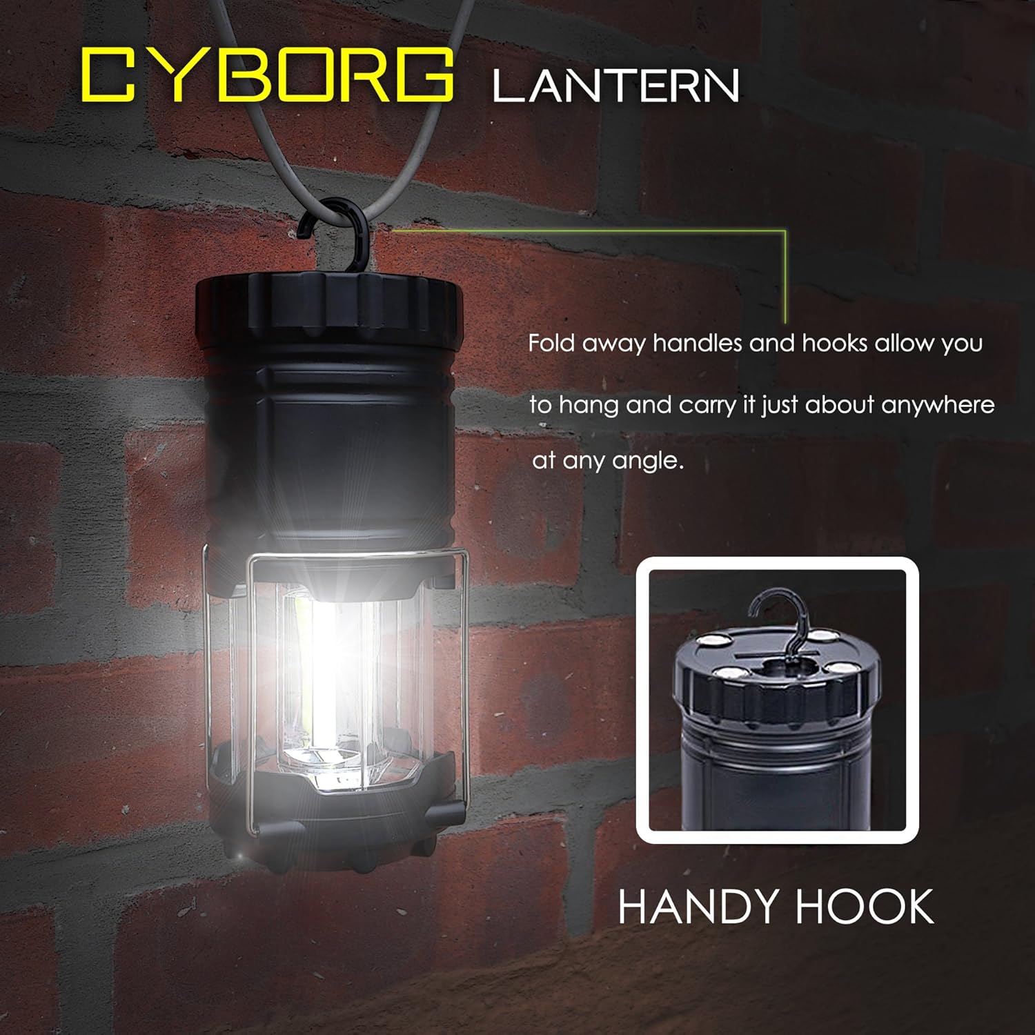 BLITZU Optimus G100 LED Camping Lantern hanging from a hook on a brick wall