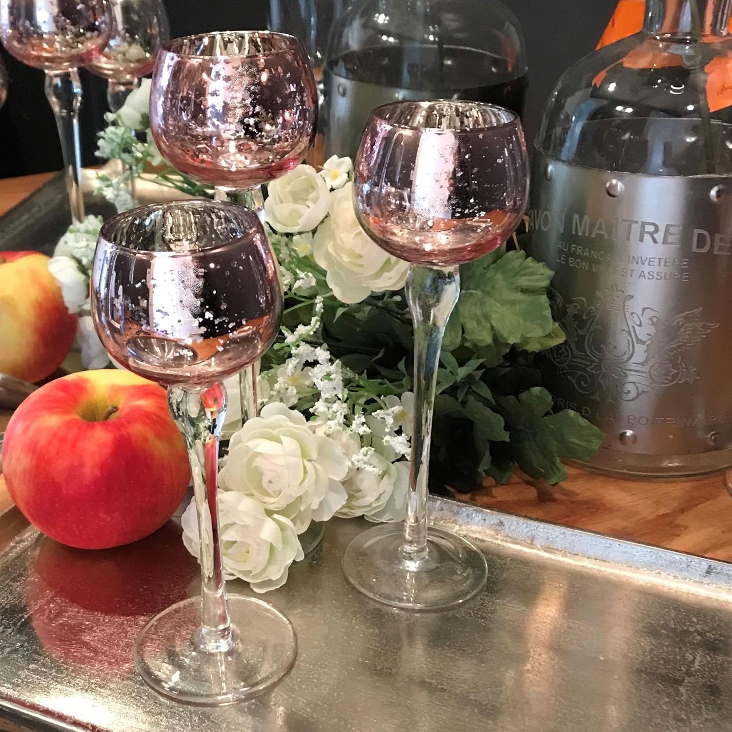 WHW Whole House Worlds Baby Peach Long Stem Candle Holders, Set of 3, Silver Lined Cups, Clear Riser, Hand Lacquered Glass, 8 3/4, 7 3/4, and 7 Inches Tall : Home & Kitchen