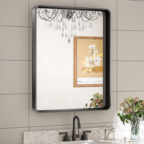 Miniatura 254 de TETOTE Espejo de 60 x 36 pulgadas para baño, espejo de tocador dorado de latón cepillado, espejo de pared grande rectangular con marco de metal Oro