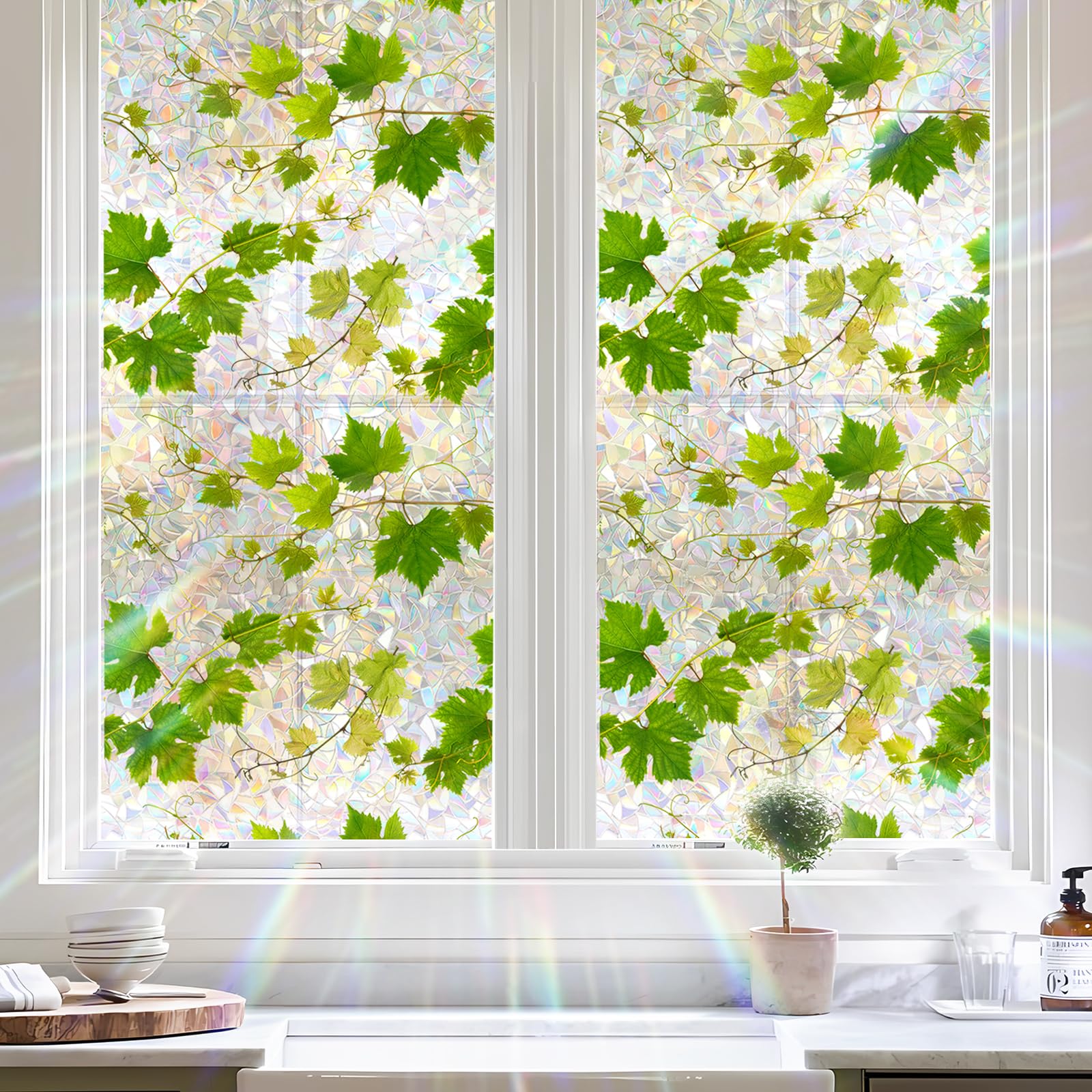 Tanlaby Pellicola per Finestre Arcobaleno Piante Foglie Adesivi per Finestre Autoadesive Pellicola Privacy Statici Anti-Collisione Finestra Vetro Porte Decalcomanie, 40x200cm