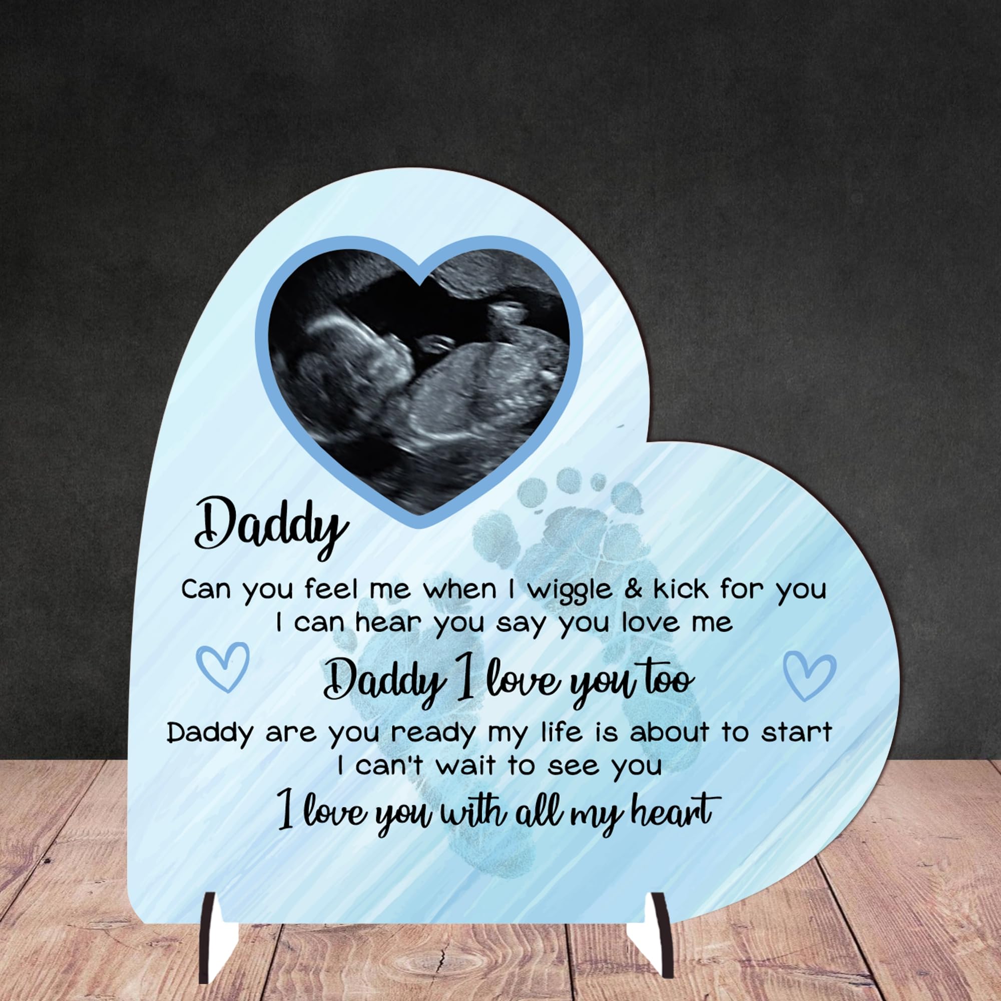 Personalised Heart Plaque - Daddy Gift from Bump | Baby Scan Photo Frame | Handmade Baby Bump Gift | Father's Day Present (Mdf Wood 13.5cm x 13.5cm, Blue)