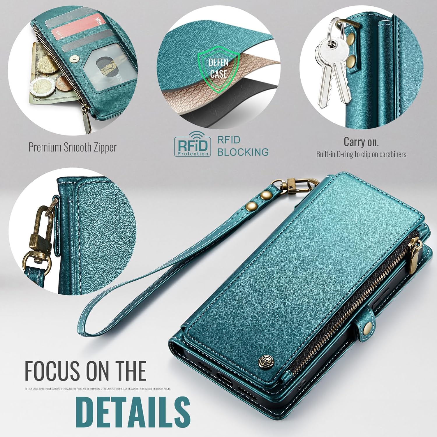 Defencase Compatible with Galaxy A35 5G Case Wallet with RFID Blocking Card Holder for Women Men, PU Leather Magnetic Snap Flip Zipper Strap Wallet Phone Case Fit for Samsung Galaxy A35 5G, Blue Green