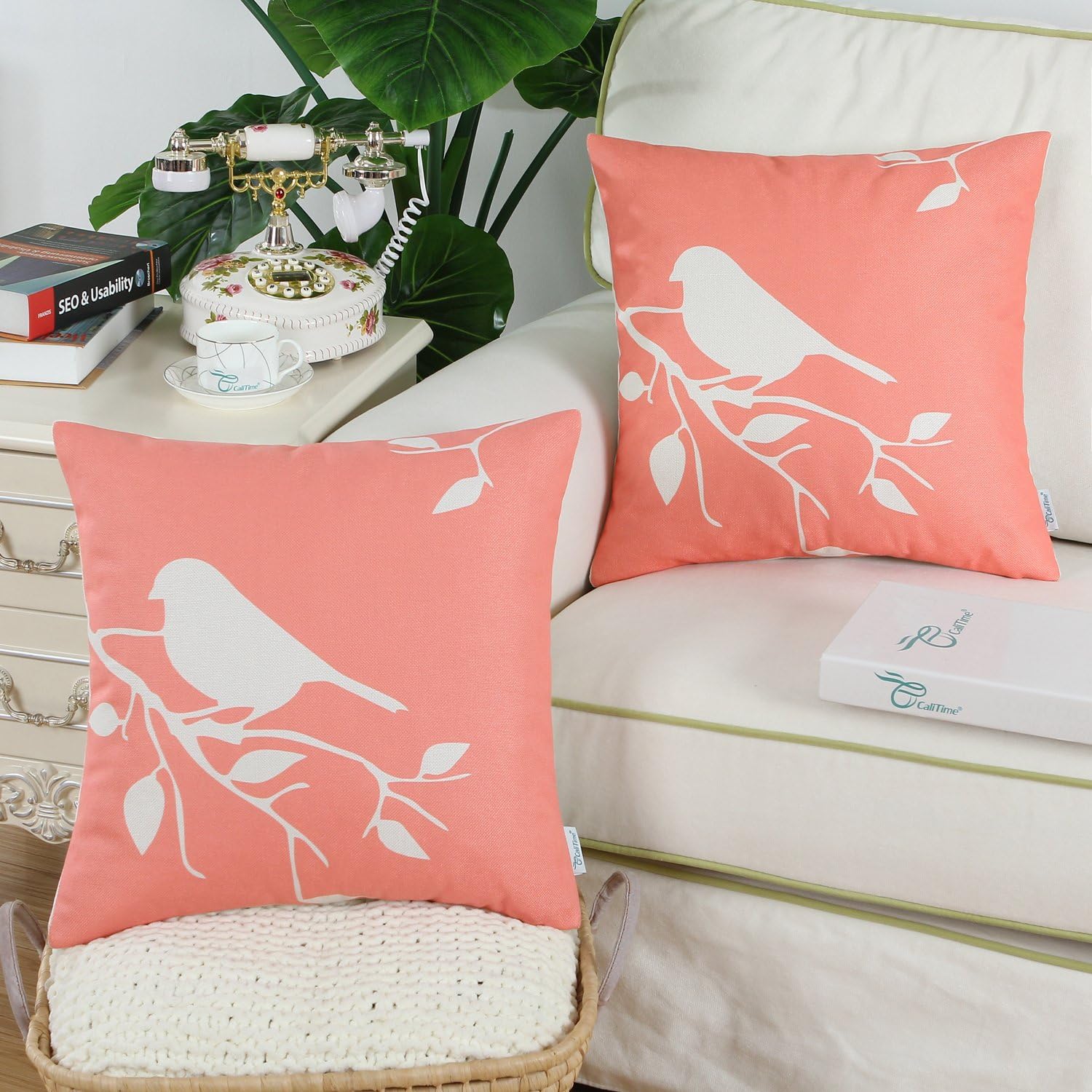 CaliTime Canvas Throw Pillow Cover Case for Couch Sofa Home Decoration Cute Bird Tree Branches Silhouette 18 X 18 Inches Coral Pink