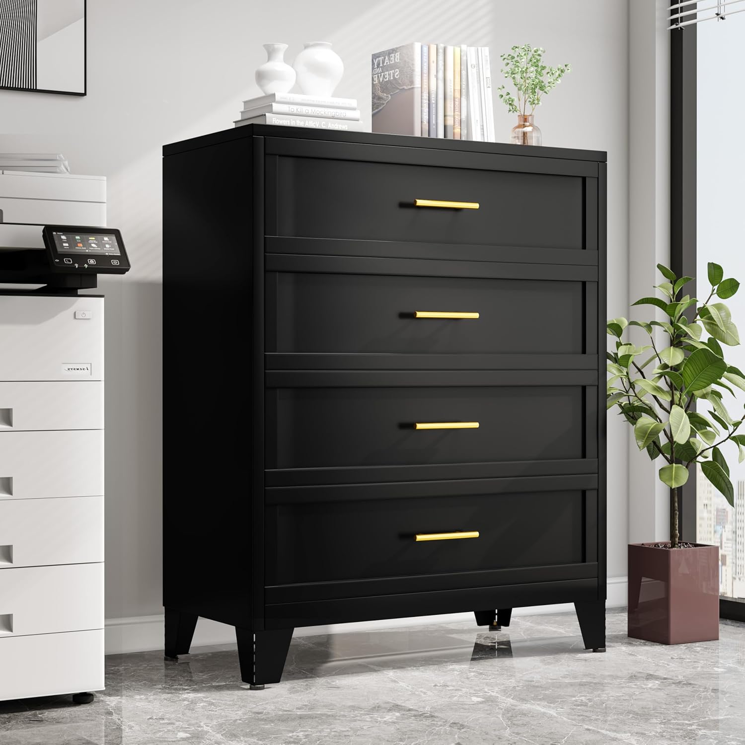 Metal Tall Dressers for Bedroom,Chest of Drawers Storage Cabinet with 4 Drawers，Wide Deep Dresser Drawers Cabinet Organizer Unit for Clothes, Bedroom, Living Room, Hallway, Entryway（Black）