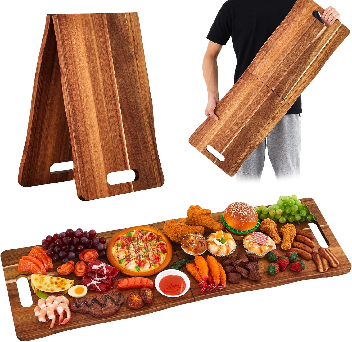 Large Acacia Charcuterie Board with Handles Foldable Travel Serving Boards Wood Extra Long Rectangular Charcuterie Platter for Cheese Food Meat Party Appetizers (36 x 12 Inch)