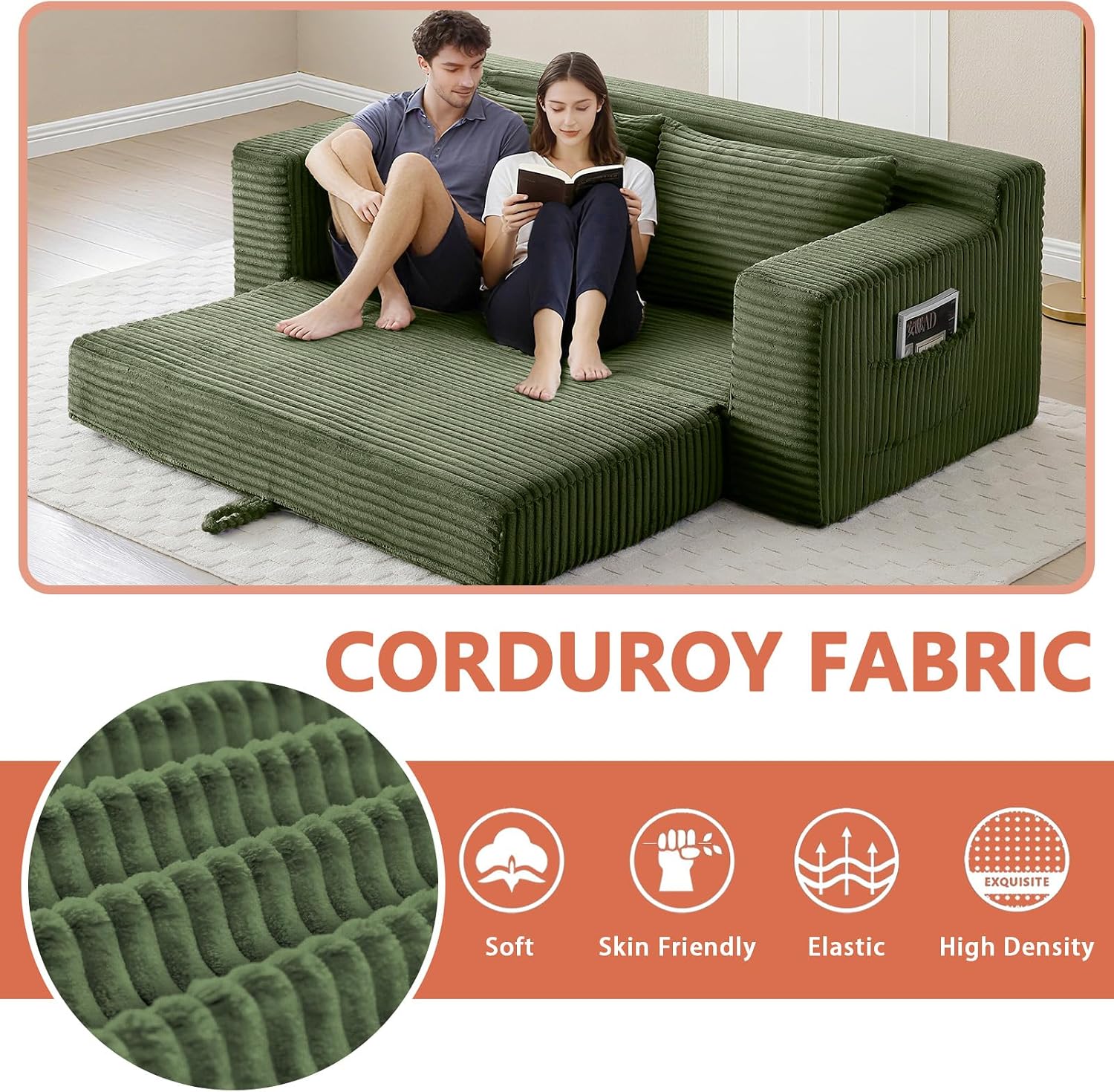 73" Boneless Loveseat Couch, 2 in 1 Pull Out Sleeper Sofa with Side Pockets & 2 Pillows, Folding Convertible Corduroy Floor Couch for Apartment Living Room Bedroom Dorm, No Assembly(Green) | Comfort, Cloud, Memory Foam