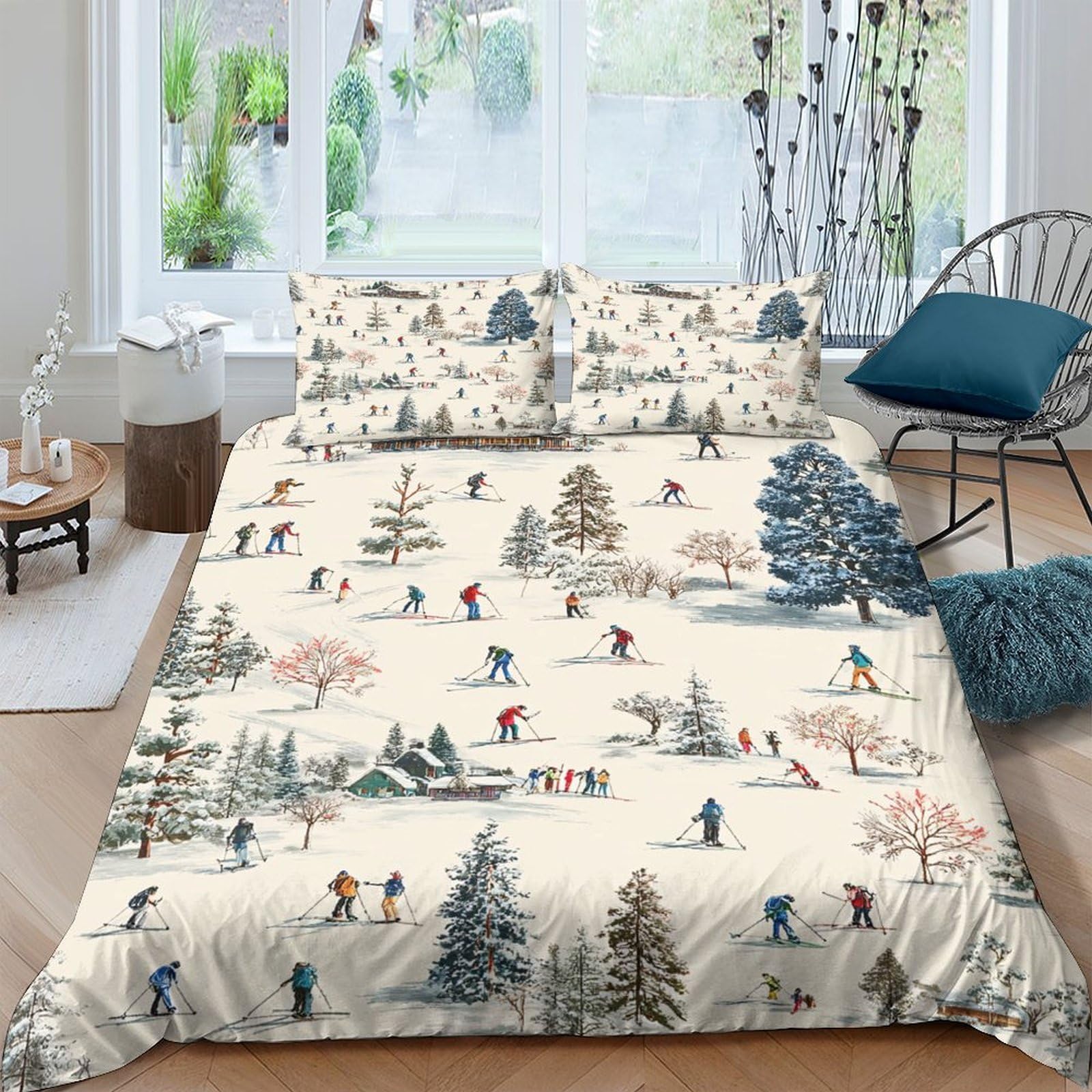 Ctjqhvkz Style-4 3D Printed Winter Ski Landscape Fitted Sheet Microfiber Soft Snow Forest Bed Cover For Bedroom Guest Room Decor Single（135X200cm）