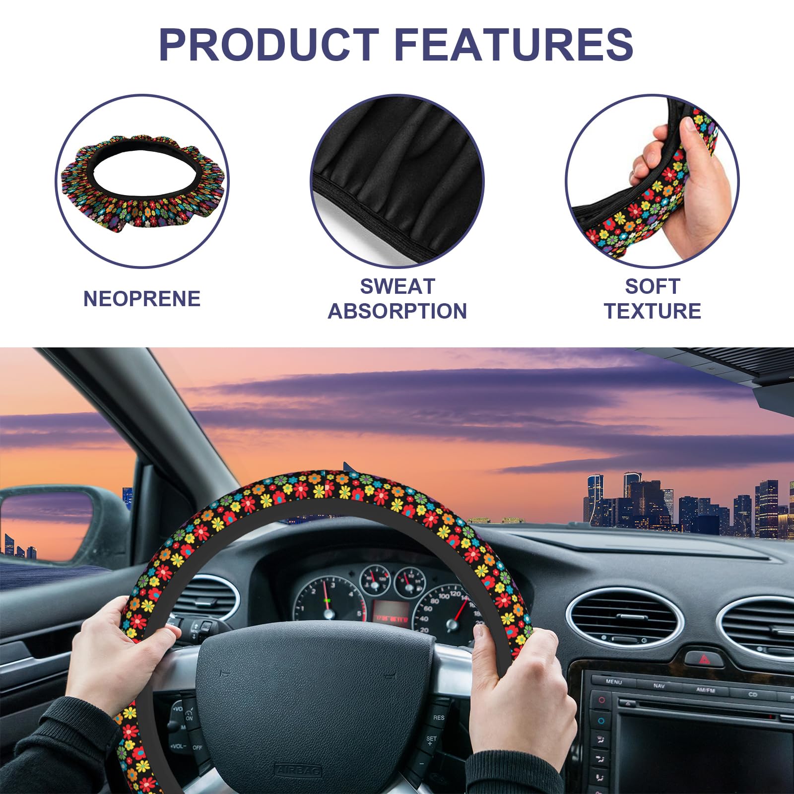 Cute Flower 15 Inch Steering Wheel Cover - Rainbow Rose Tulip Sunflower Blossom - Universal Car Accessory — view 5