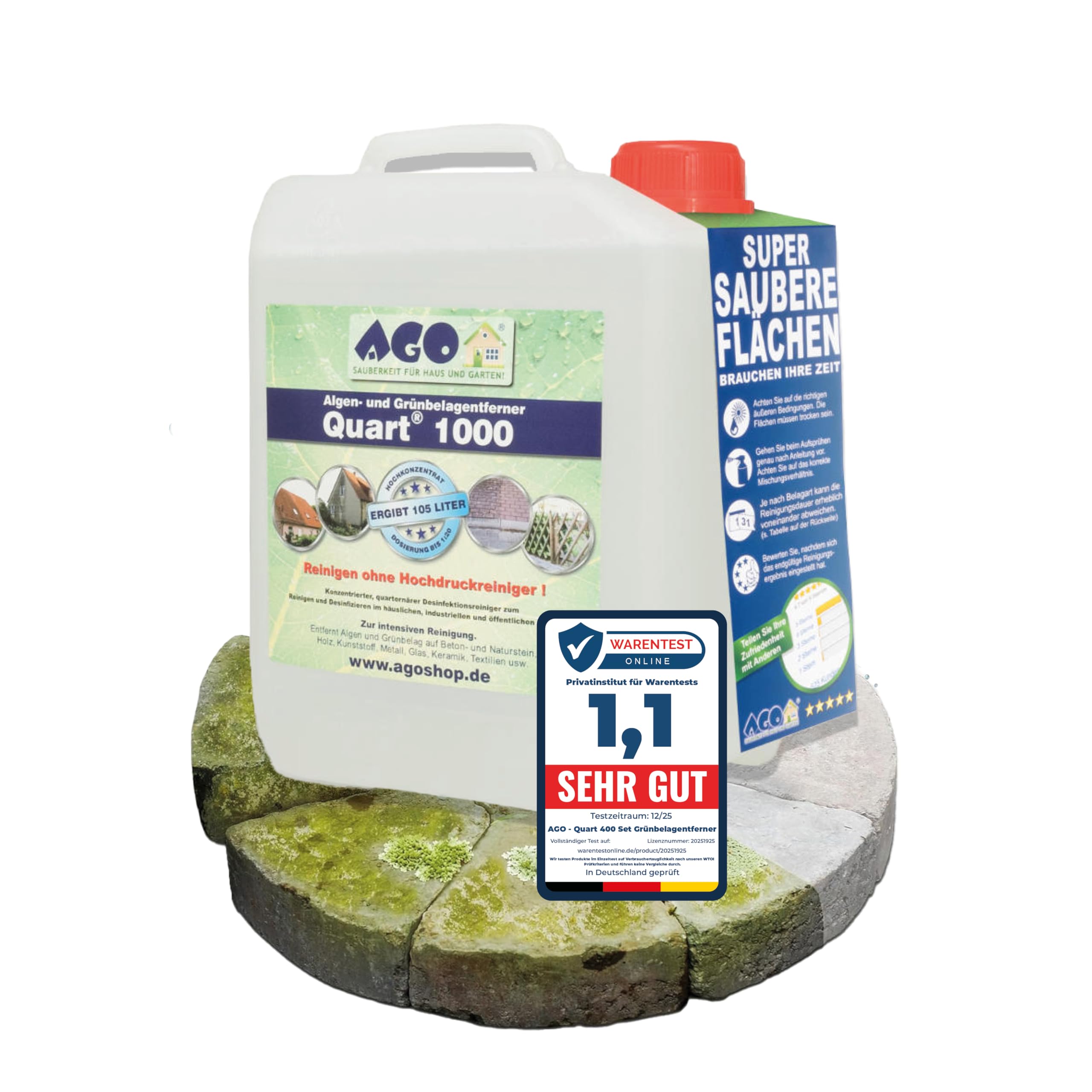AGO Quart 1000 Grünbelagentferner 5 Liter - chlor- und säurefrei / 1000 qm Algen und Grünbelag Entferner/Steinreiniger/Terrassenreiniger/Grünspan Entferner/Naturstein Reiniger