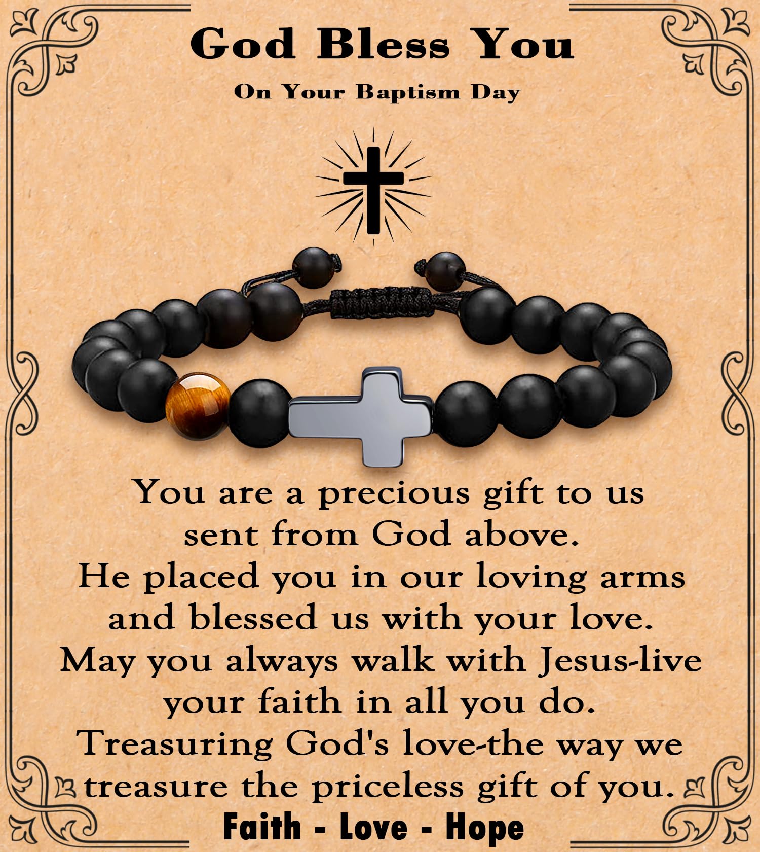 MFTRADING Cross Bracelet for Men Christian Gifts for Son Grandson Brother Husband Dad Man Godfather Religious Baptism Jewelry Birthday Retirement Gifts Beaded Bracelet