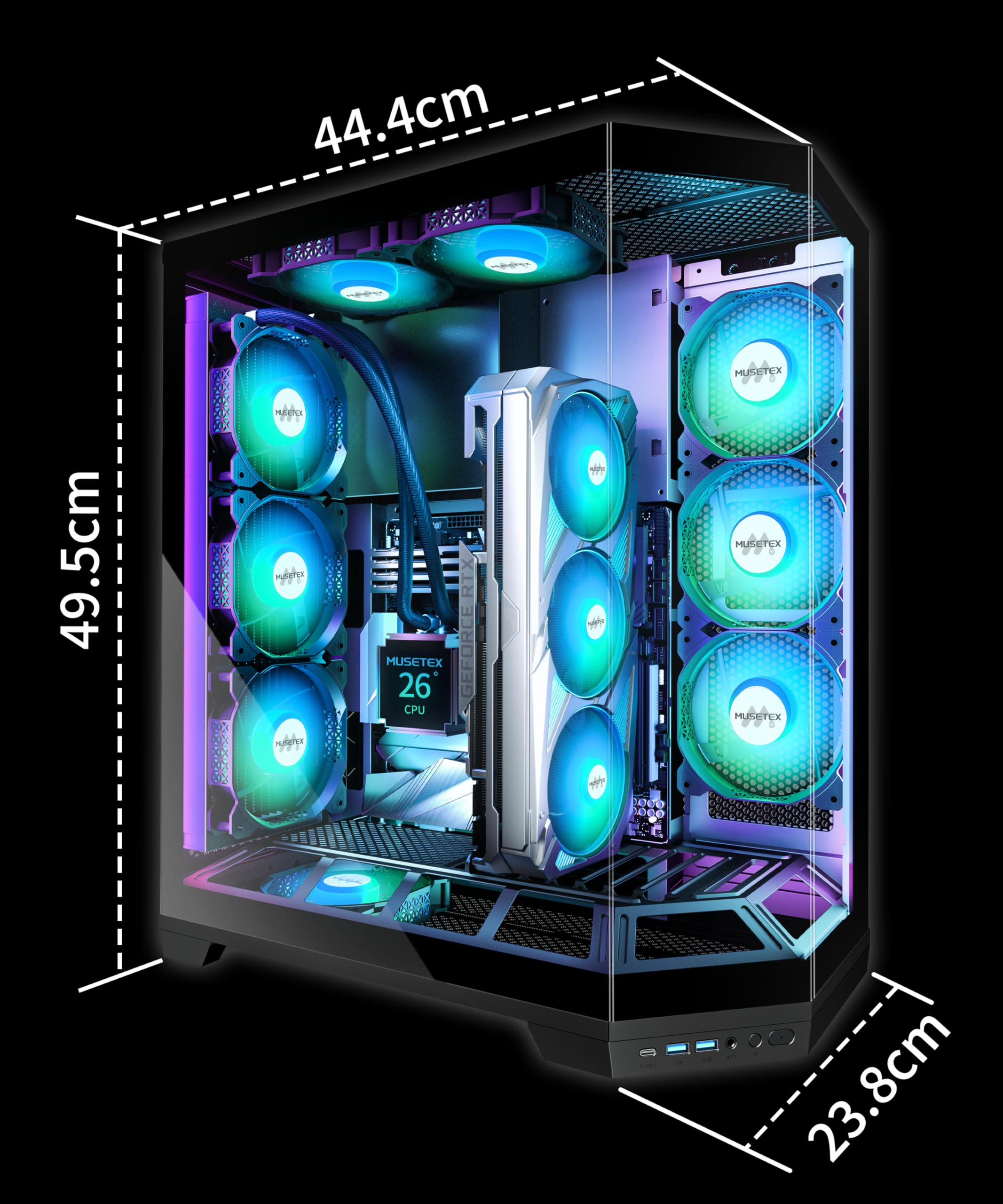 MUSETEX Torre Media ATX para PC Gaming, con Montaje Vertical para GPU, 5 Ventiladores ARGB PWM Preinstalados, Soporte para Radiador de 360 mm, Negro (GR3)