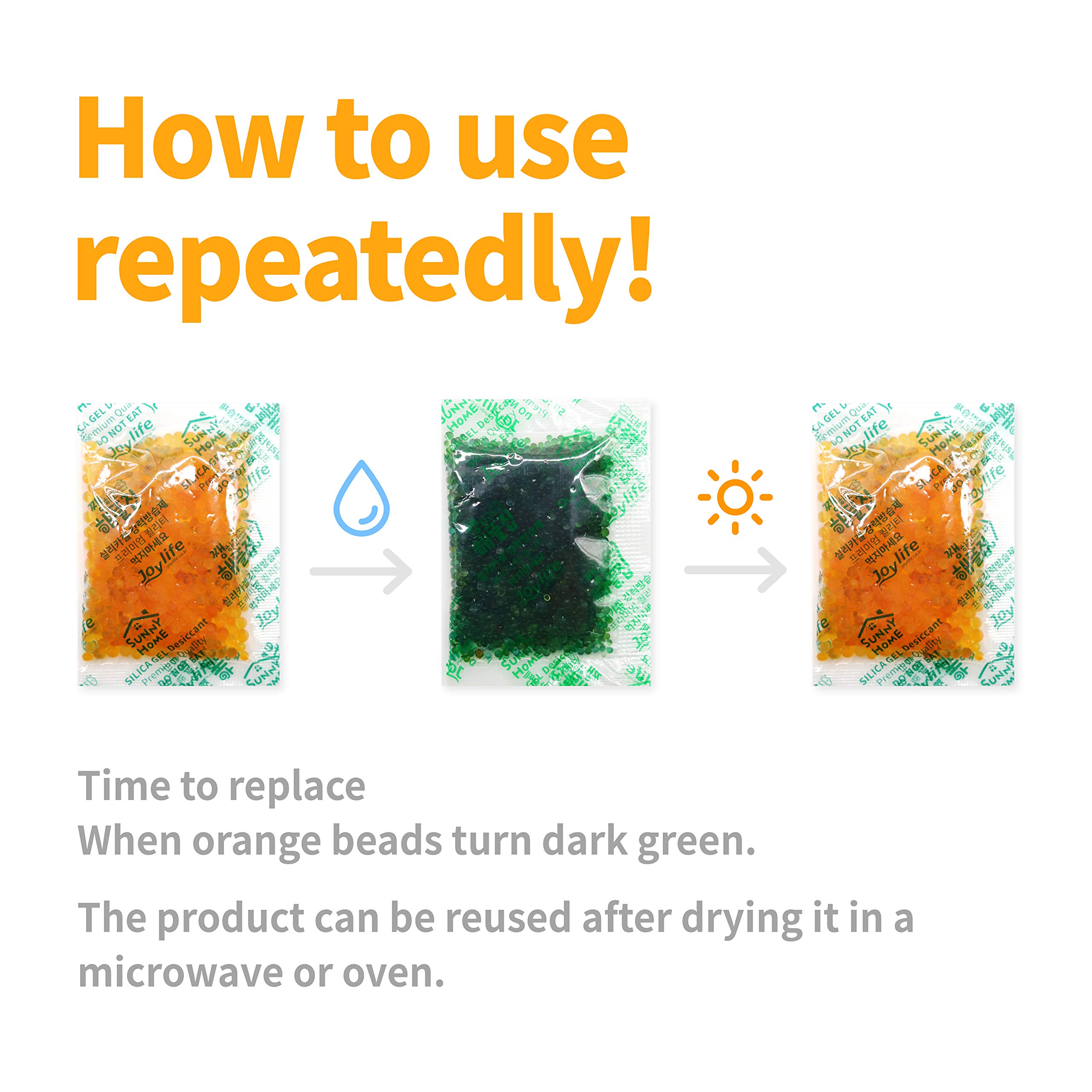 Sunny Home 10 Gram (30 Packs) Safe Orange Indicating (Orange to Dark Green) - Orange Only/No Mixed/Rechargeable Silica Gel Packets Dehumidifier/Desiccant Packets/Moisture Absorber
