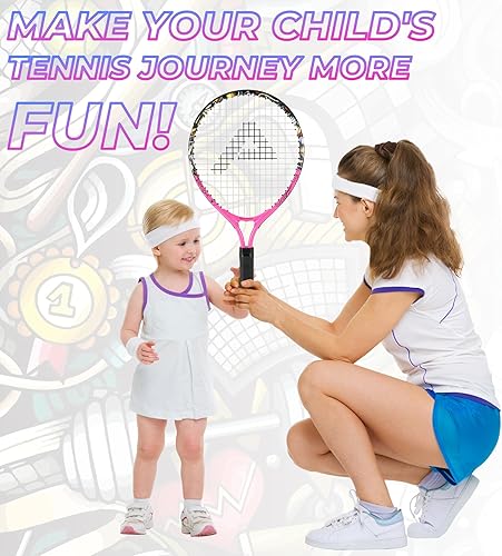 Miniatura 5 de AMA SPORT Raqueta de tenis para niños pequeños, kit de iniciación de raqueta de tenis de 17 a 25 pulgadas para niñas y niños con bolsa de nailon