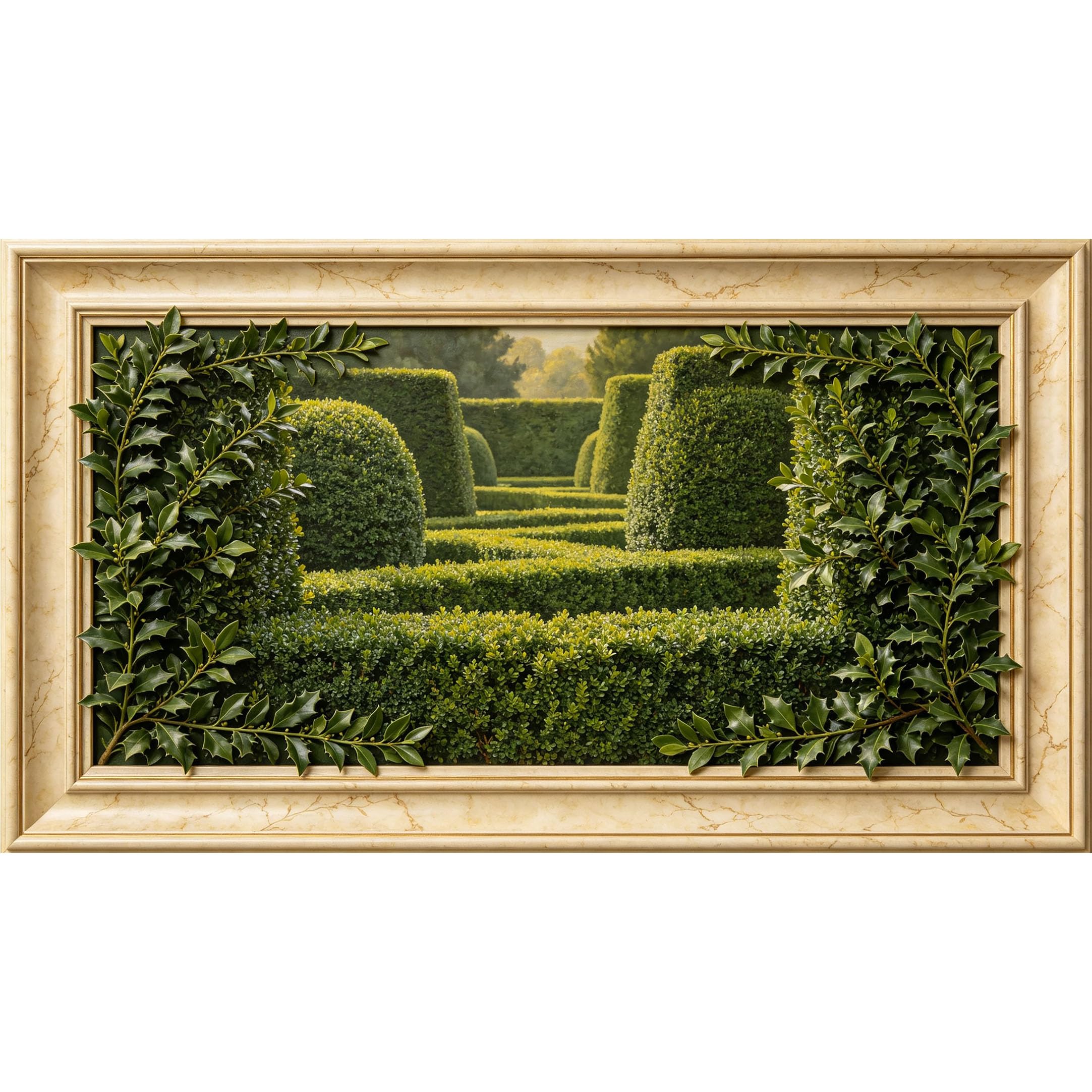 QZLITHOTIC 50×90cm3D Framed Wall Art， Lush Boxwood Hedge Topiary Garden Self?Adhesive Mural， Water?Activated Peel & Stick Fabric Decor Wall Decal for Bedroom Living Room