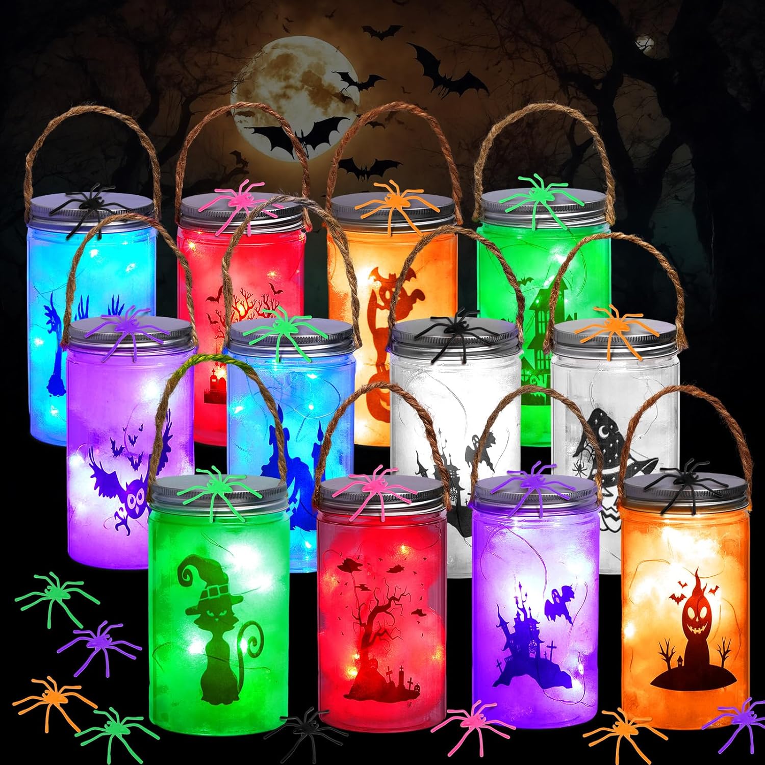 12 Pack Halloween DIY Lantern Jar Halloween Crafts Plastic Jar Craft Kit Decoration Indoor Outdoor Garden Home DIY Art Kit Project for Adult