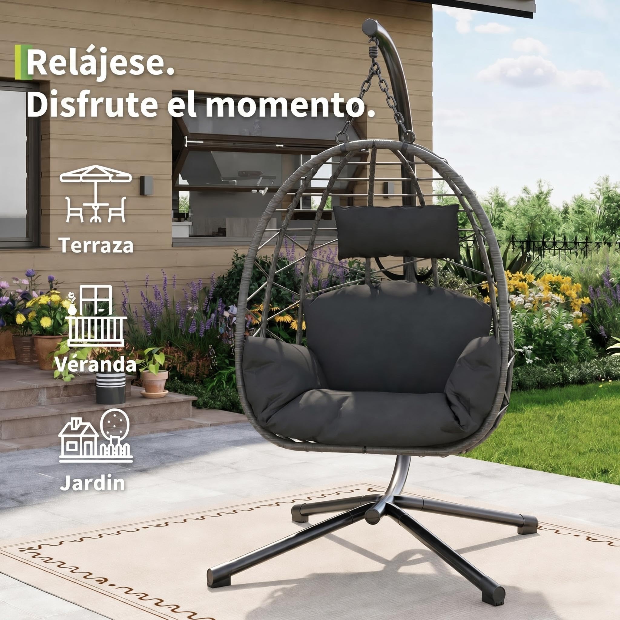 Litake Silla Colgante para Exterior y Jardín - Estructura Completamente Metálica - Silla Huevo con Soporte, Soporta hasta 150 kg - con Cojines Cómodos, Ideal para Jardín, Balcón y Patio, Gris