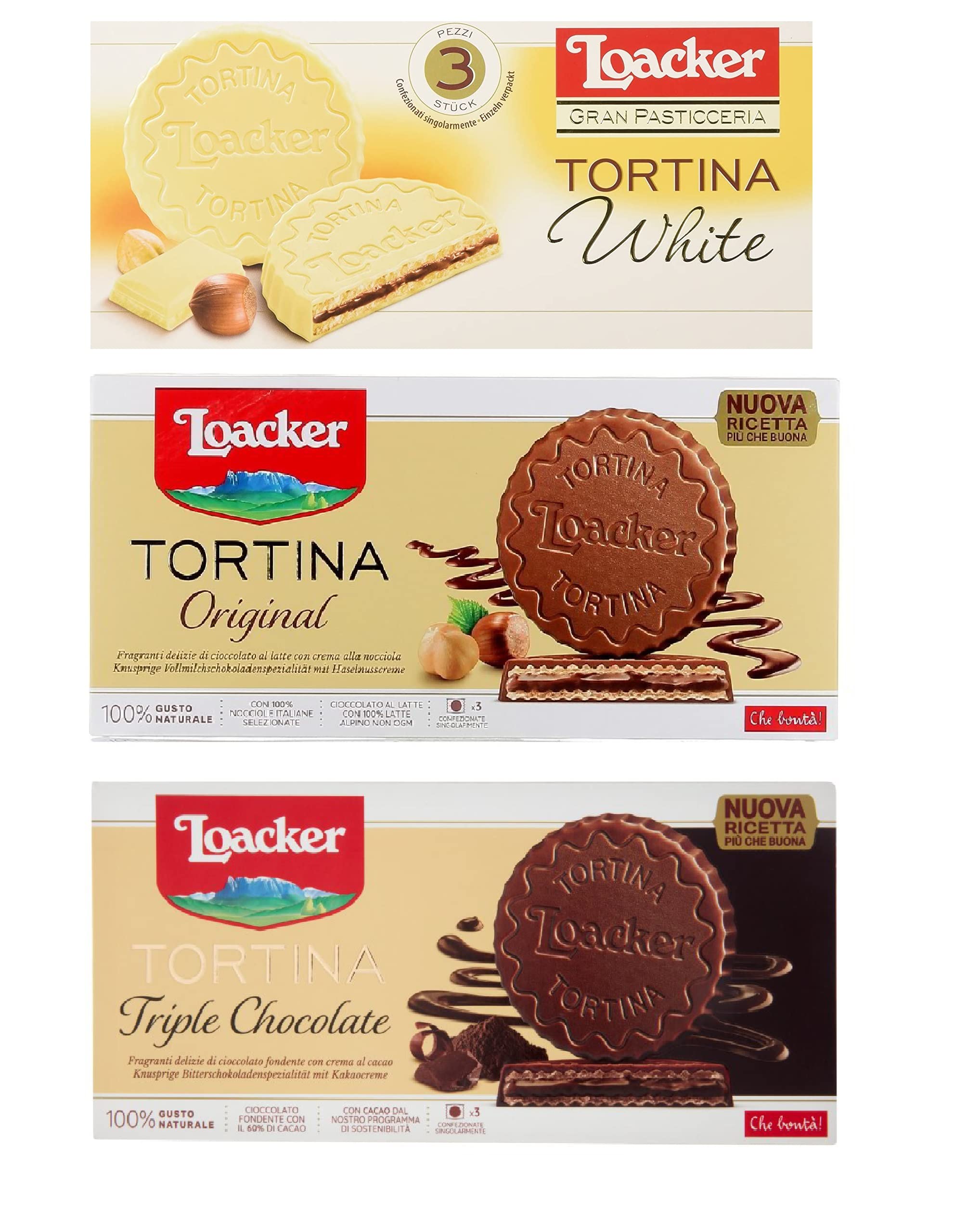 Paquete de prueba Tortina White Triple Dark Original 3pz Chocolate relleno con crema de avellana, 3 x 63 g