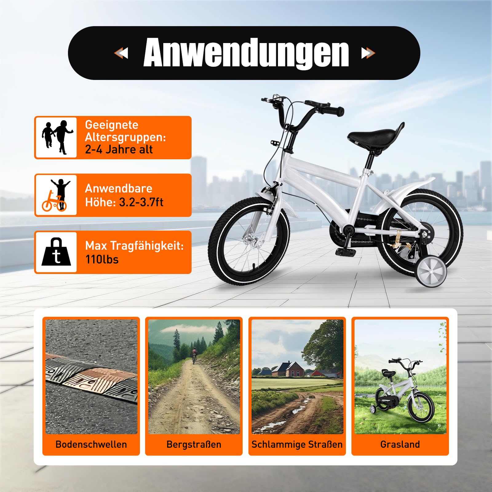 Kinderfahrrad 12/14 Zoll - Fahrrad Kinder mit Abnehmbaren Stützrädern, Verstellbarem Sattel & Lenker, Robust für Park und Spielplatz, ab 3 Jahre für Jungen und Mädchen, Weiß