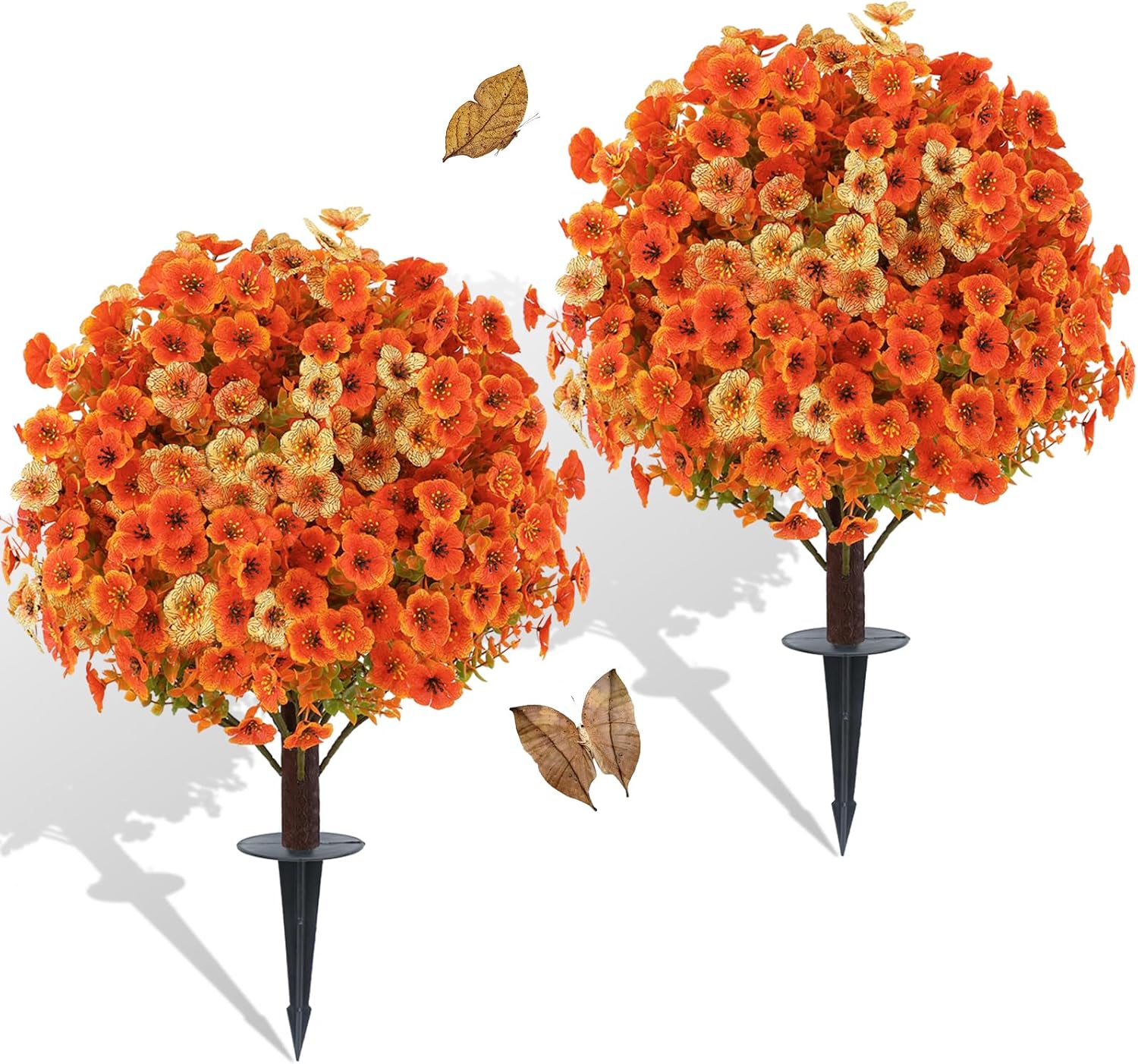 Quilroly Dense Fall Artificial Mums Topiary Ball Trees 2-Pack UV Resistant | Orange-Yellow Mixed, Realistic Fall flowers, UV Resistant, Ground Spike, PE & Silk, Easy to Shape, for Porch Patio Garden