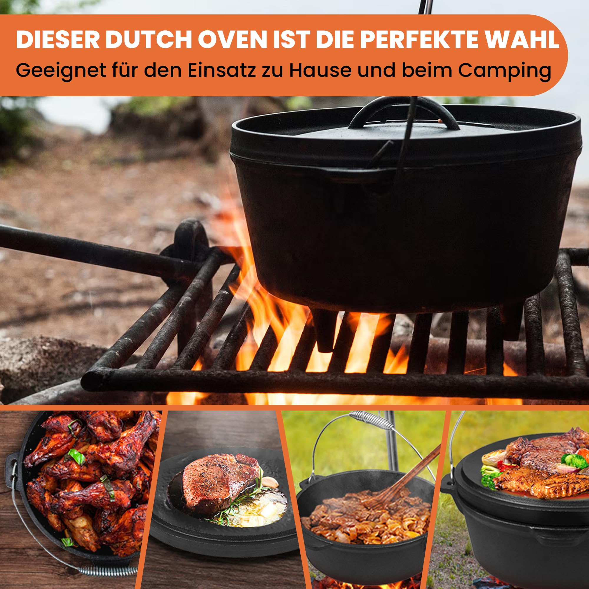 Dutch Oven Set BBQ 7,5 Liter, Feuertopf Schmortopf mit Edelstahluntersetzer, Gusseisen Topf mit Deckelheber Henkel und Schlitz für Themormeter, Grilltopf für Oudoor & Indoor,schwarz