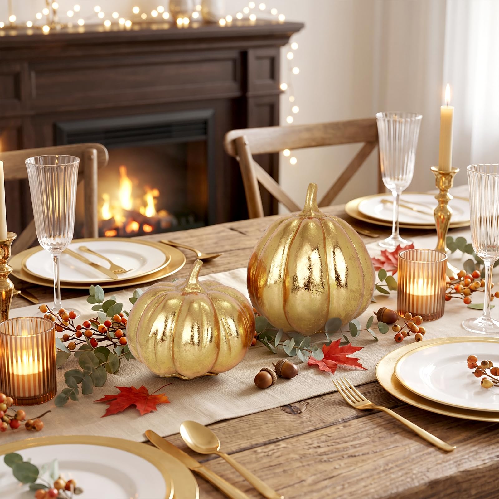 Set di 2 decorazioni autunnali in resina a forma di zucca dorata | Farmhouse Thanksgiving Centrotavola oro metallizzato raccolto zucche per interni ed esterni giardino a più livelli mensola