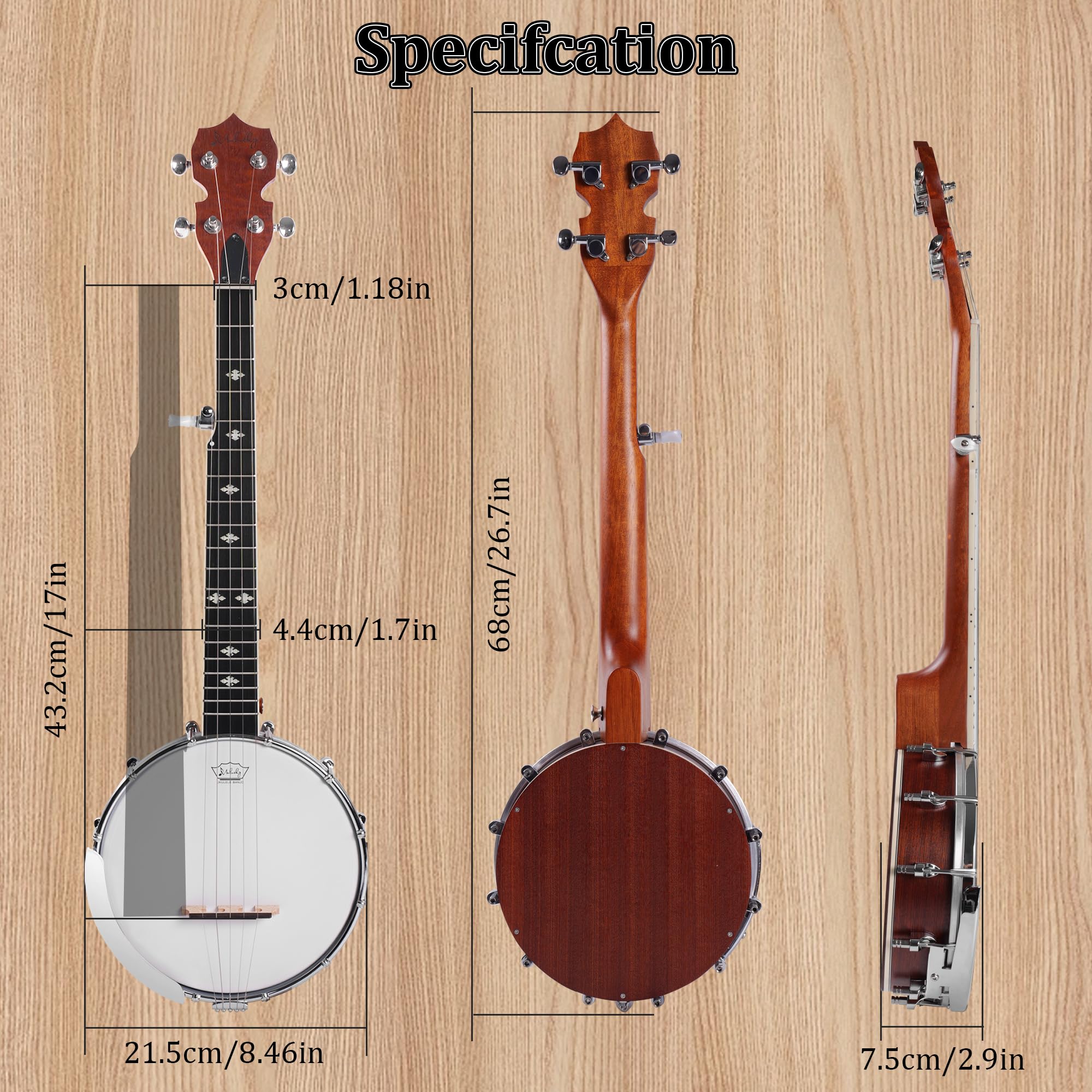 Mulucky Mini banjo a 5 corde, 66 cm, da viaggio, con corpo chiuso e solido posteriore, kit per principianti, con custodia, plettri, tracolla, B807