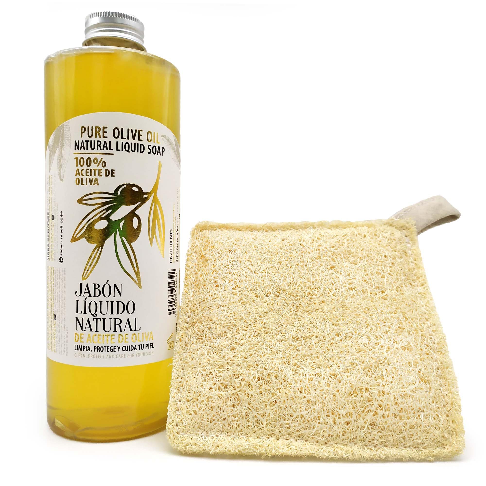 Pack Jabón líquido natural de aceite de oliva + Esponja vegetal - Para todo tipo de piel, sensible, seca - Exfoliación suave - 100% natural y vegetal