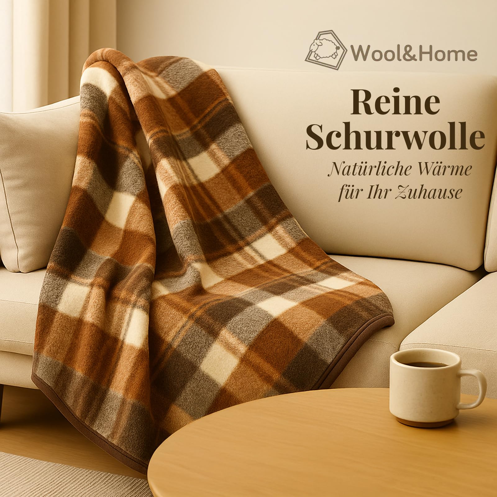 Wool & Home Merino Wolldecke 220x200 cm – Kuscheldecke aus 100% Merinowolle, Cremefarbene Decke mit Brauner Griechischer Mäander-Bordüre – Gewicht 500 g/m² – Atmungsaktiv und Langlebig