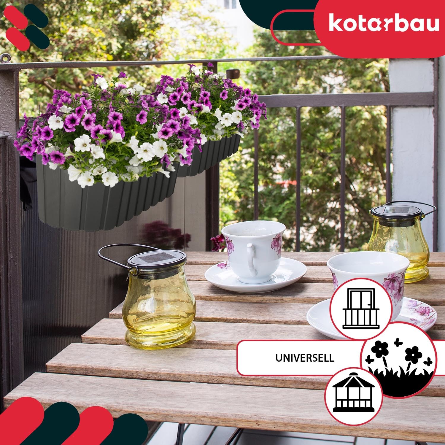 KOTARBAU® Lot de 6 Jardinière Extérieur - Pot de Fleur - PVC - 40 x 15 x 15 cm - Gris - Jardinière Balcon - Rectangulaire - Légère - avec Support pour Balconnière - Décorative