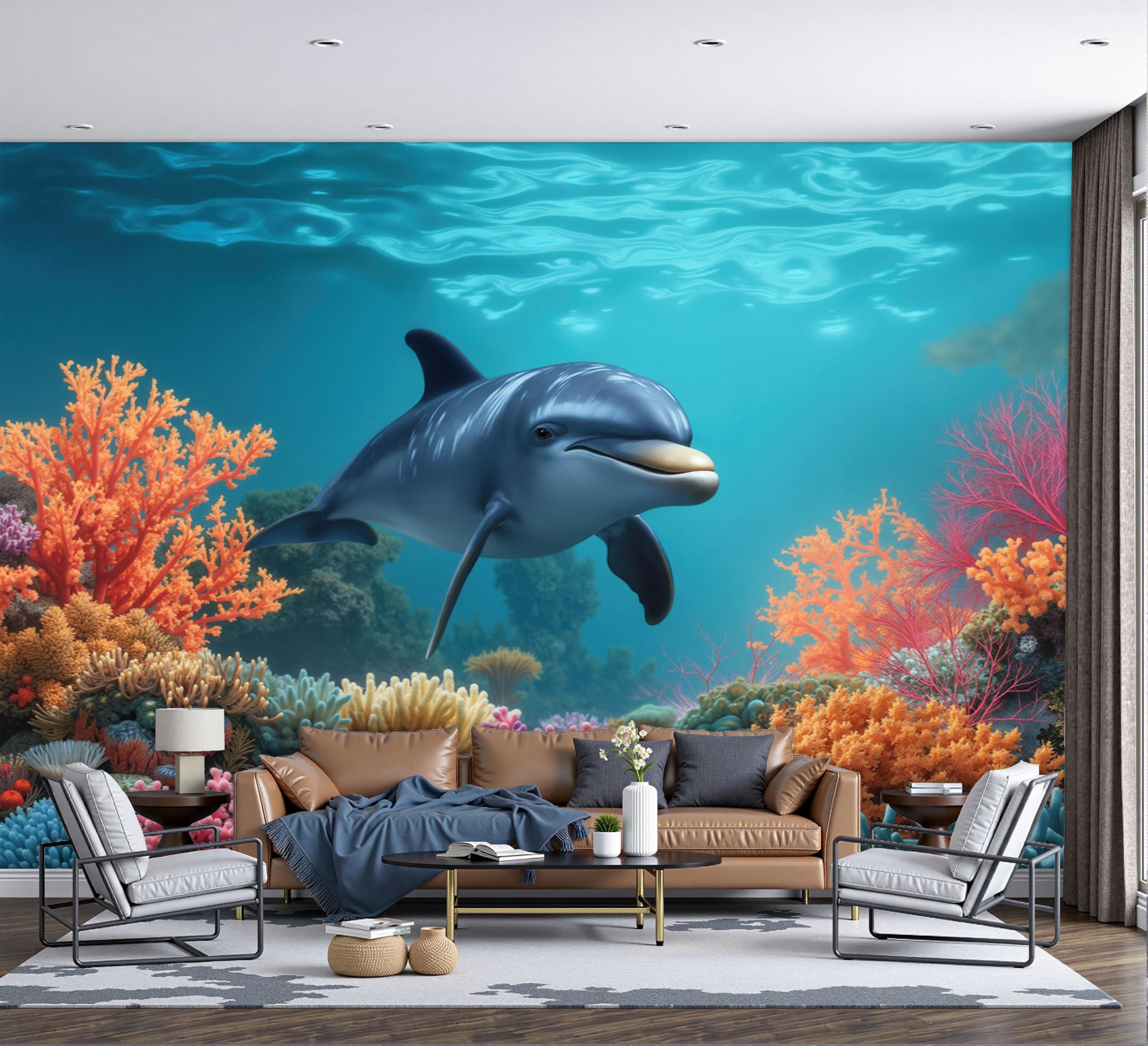 Papier peint panoramique animaux marins pour masquer les défauts d'un mur de salon