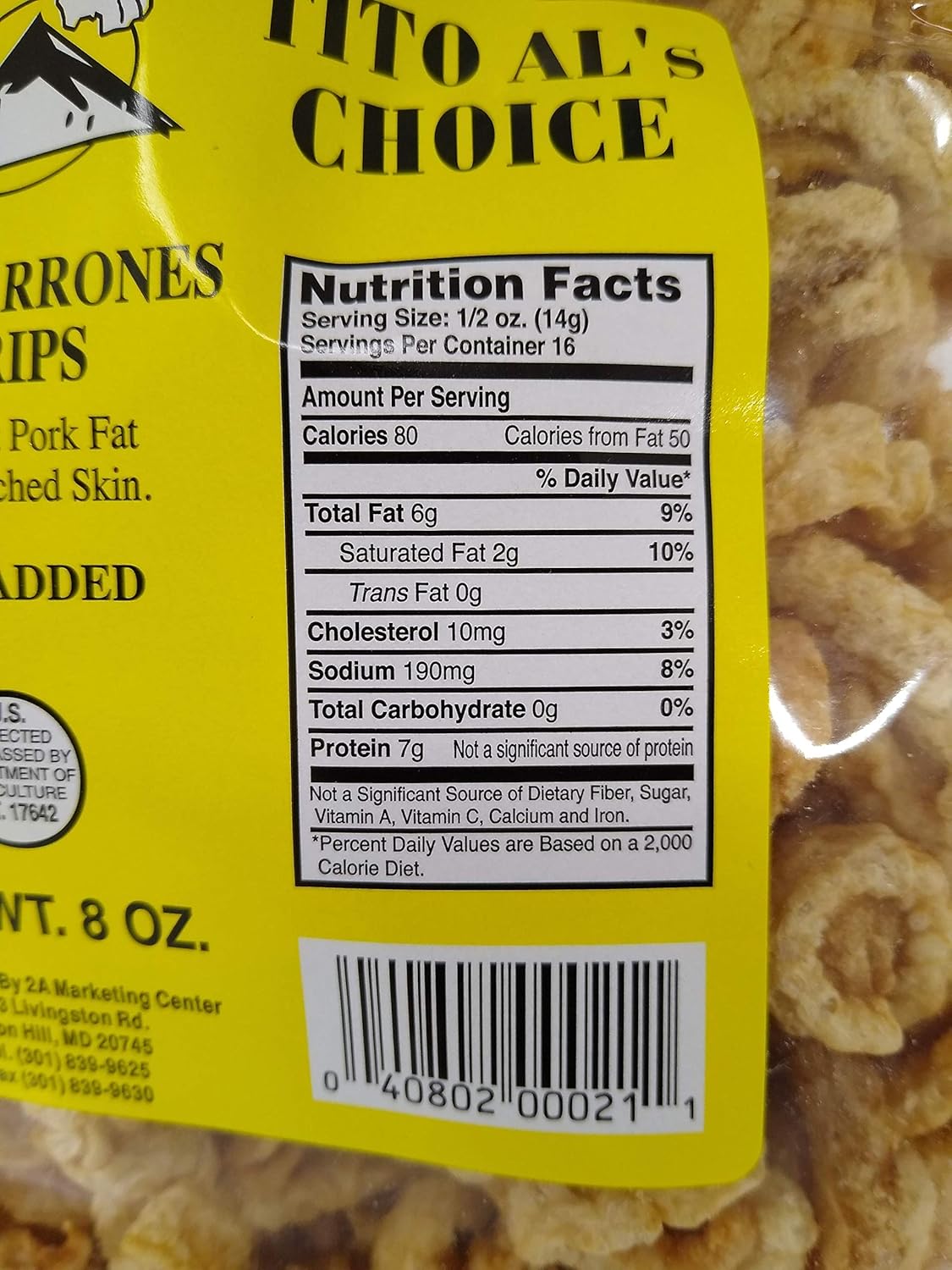Tito Al's Choice Chicharrones (Fried Out Pork Fat With Attached Skin) 8oz (Salt Added) (2)