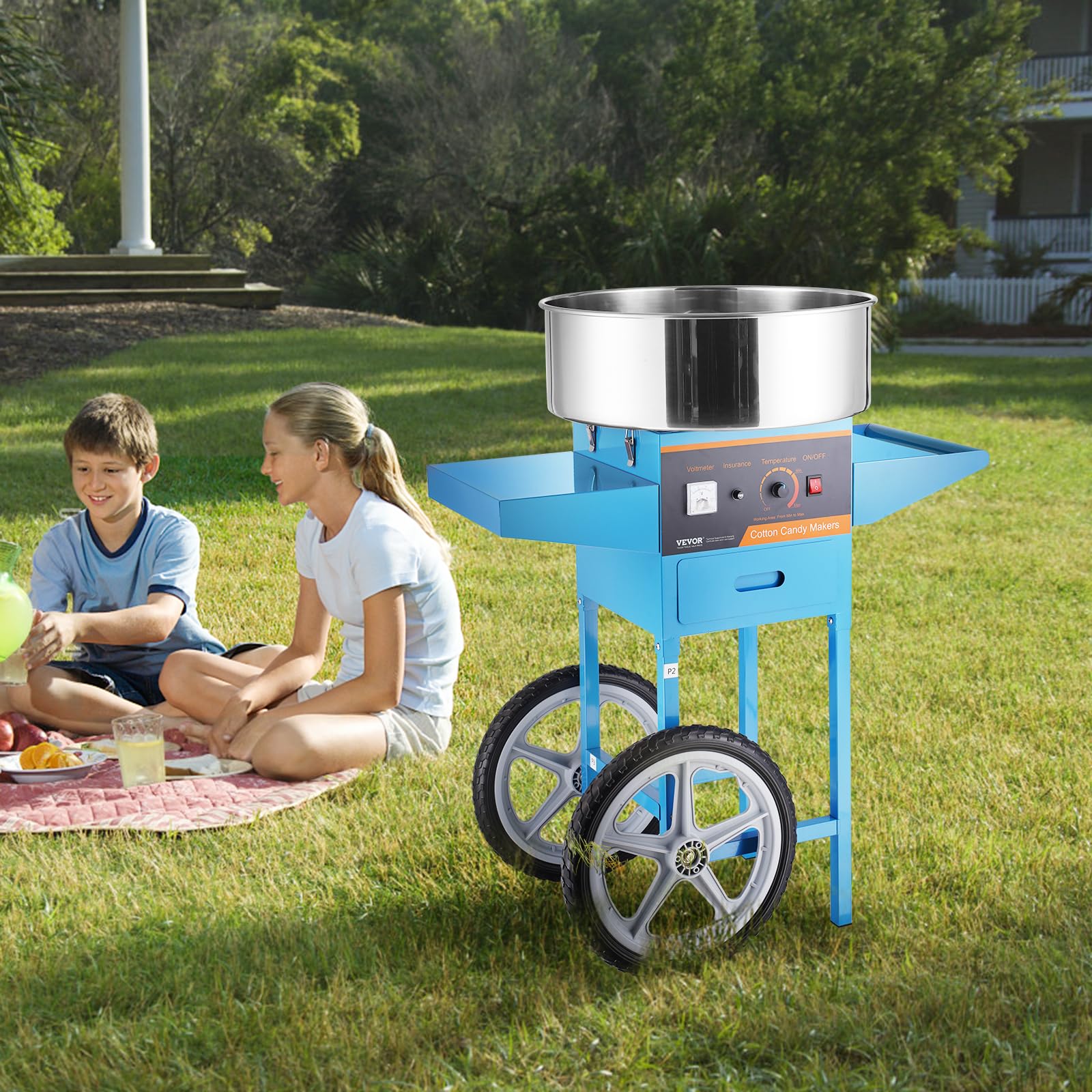 VBENLEM Machine à Barbe à Papa Professionnelle avec Chariot 1000 W Appareil à Barbe à Papa Commercial 6 PCs/min Bol en Inox Alimentaire Température 95,8-233,3 °C pour Faire Bonbons Fête Anniversaire