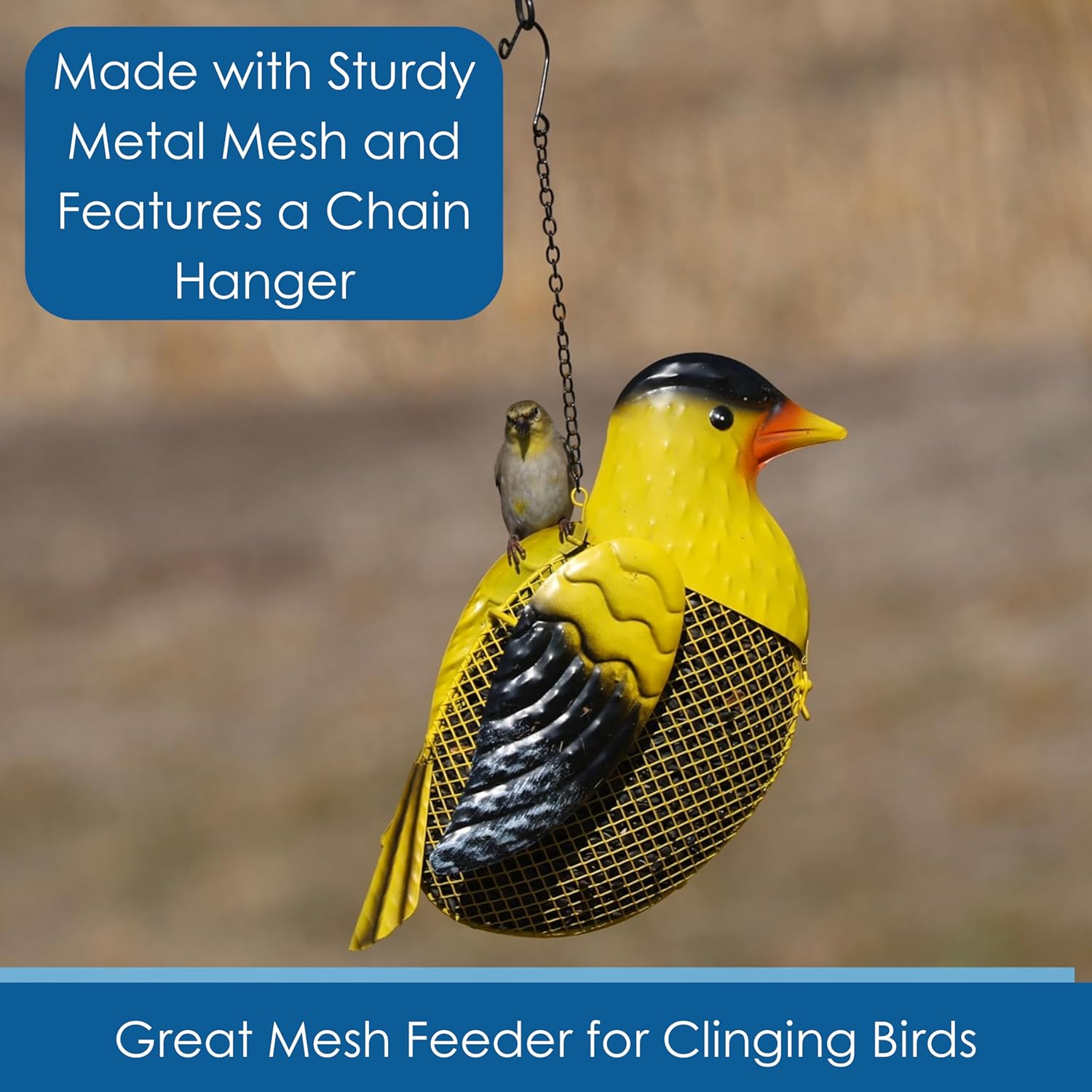 Gift Essentials Metal Mesh Bird Feeder, Bright Goldfinch with Hanging Chain, Holds Approximately 5 Cups Bird Seed