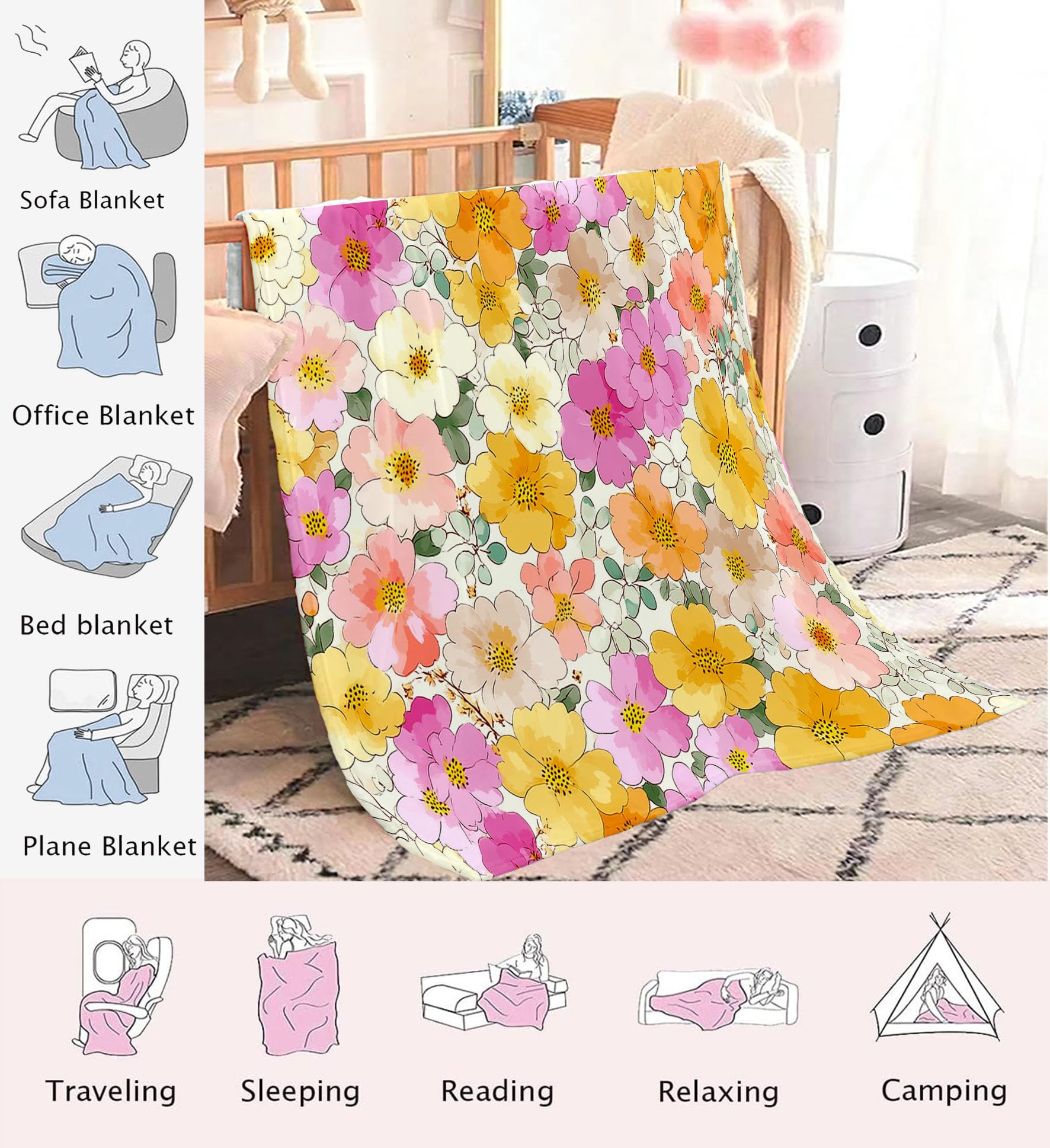 Manta De Flores Pintadas A Mano, Manta Ligera De Forro Polar con Plantas Lindas para Niños Mujeres, Amarillo Claro Mantas De Franela Suaves, Sábana Cálida Adecuada para Invierno, 220X240Cm