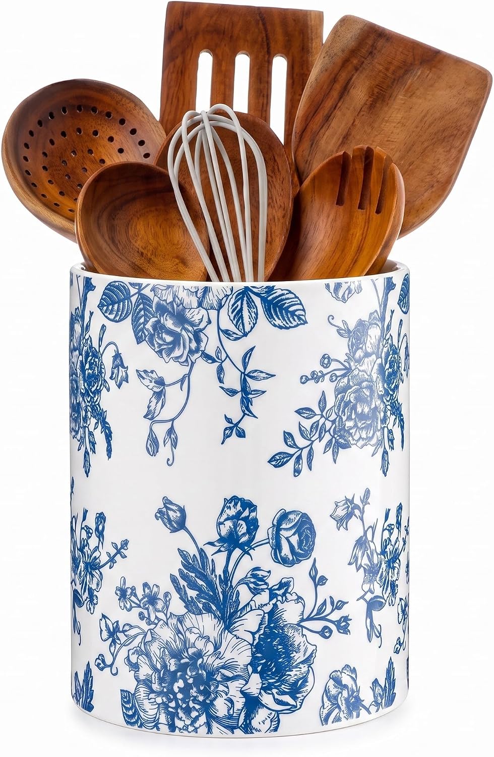Hushee Green Floral Utensil Holder for Kitchen Counter 6.3 x 5.1 Inches