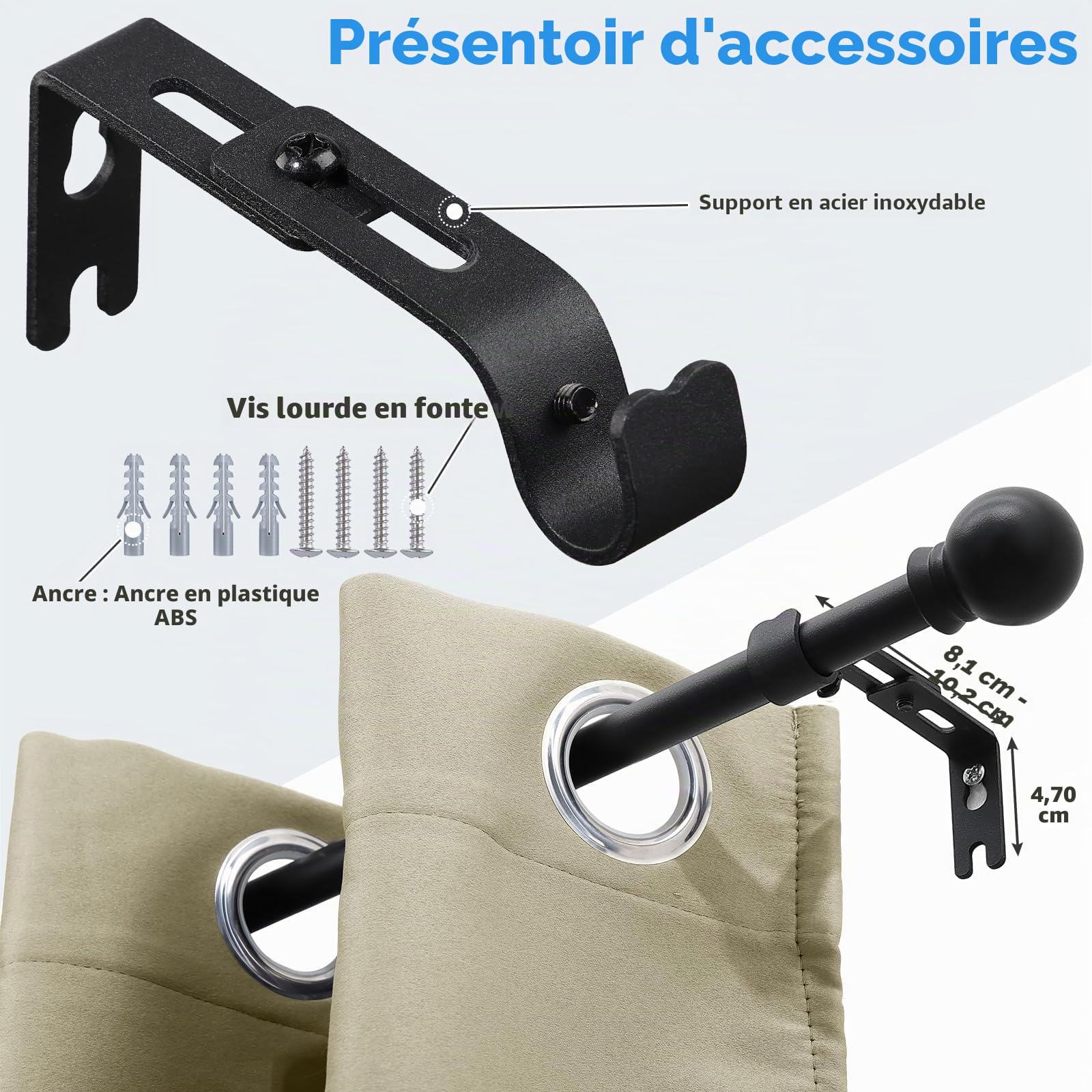 Tringle à rideaux 70-210 cm Noir Mat 16 mm, Tringle à rideaux extensible avec supports, Ensemble de tringles à rideaux stables pour chambre, salon, cuisine