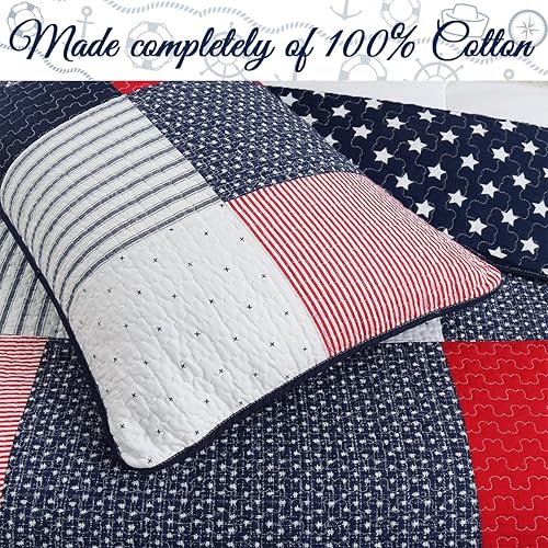 Miniatura 2 de Cozy Line Home Fashions - Juego de ropa de cama reversible de 100% algodón con estrellas y rayas azul marino, rojo y rojo patriota, para niño,