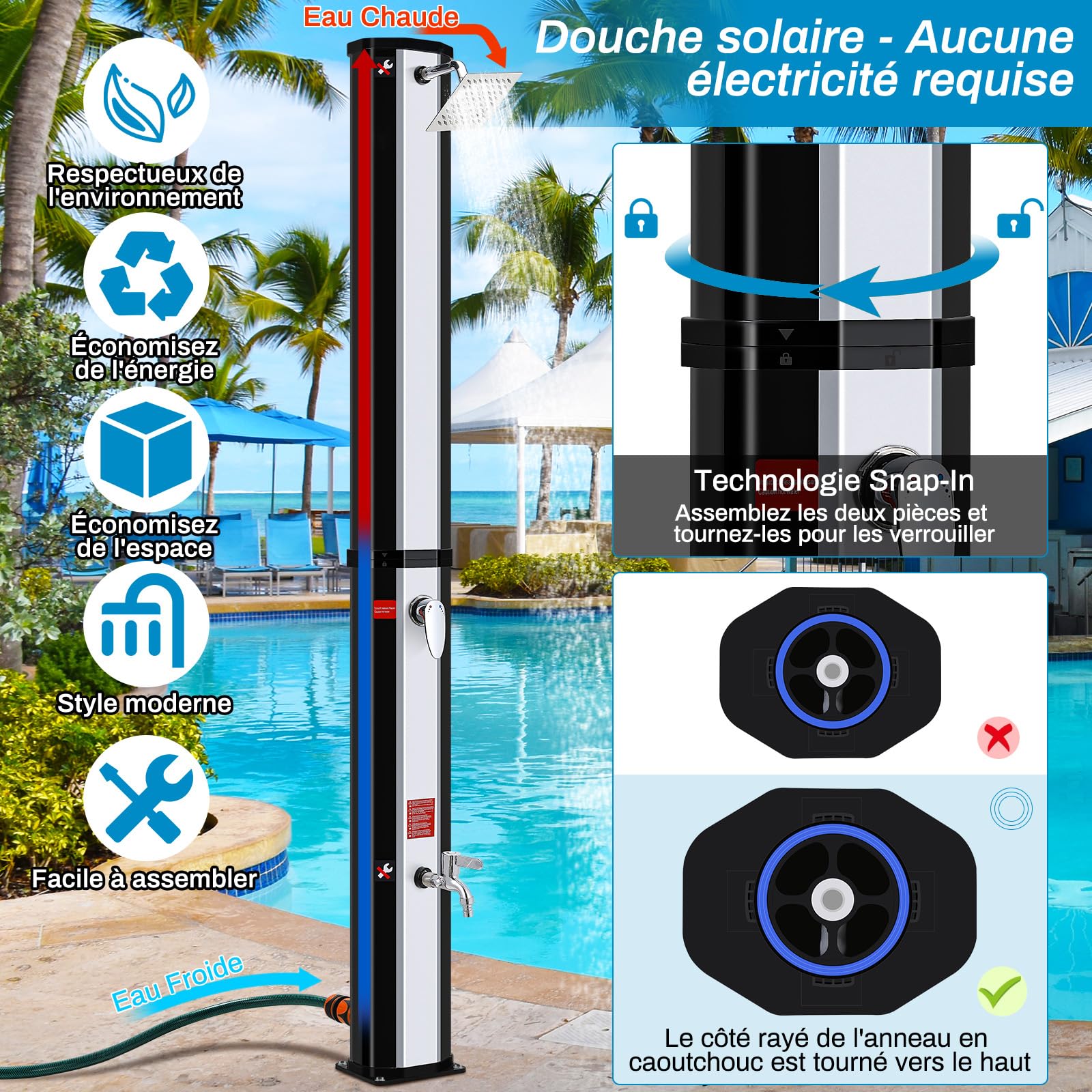Douche Solaire 35L, 217cm, Douche de Jardin Solaire, Douche de Piscine avec Pommeau de Douche, Douche à Pieds et Housse de Protection, sans Raccordement Électrique, Température de l'Eau jusqu'à 60°C