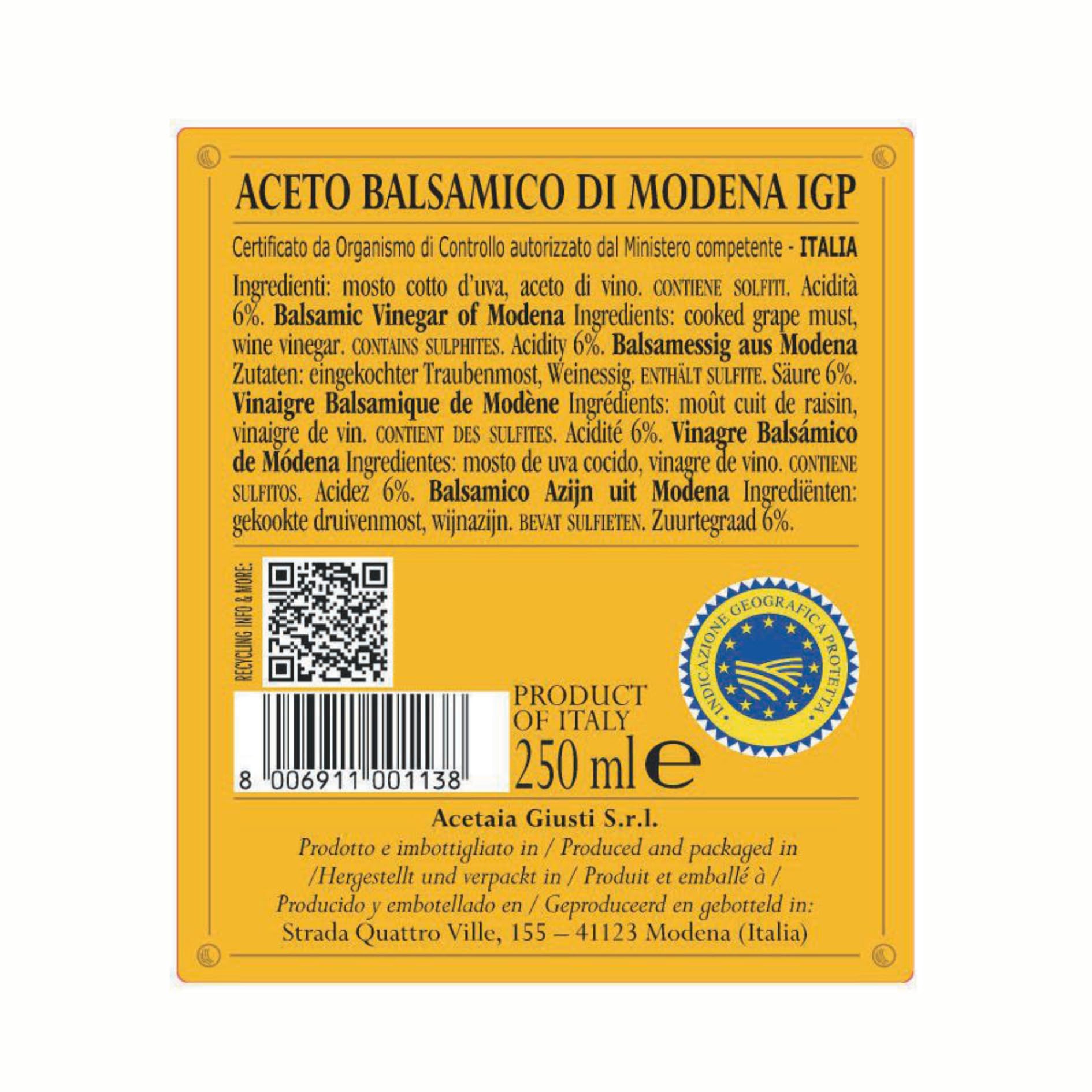 Giusti Quarto Centenrario Aceto Balsamico di Modena IGP – Balsamico-Essig aus Modena 4 Goldmedaillen Traditionsflasche in Geschenkpackung (1 x 0.25 l)