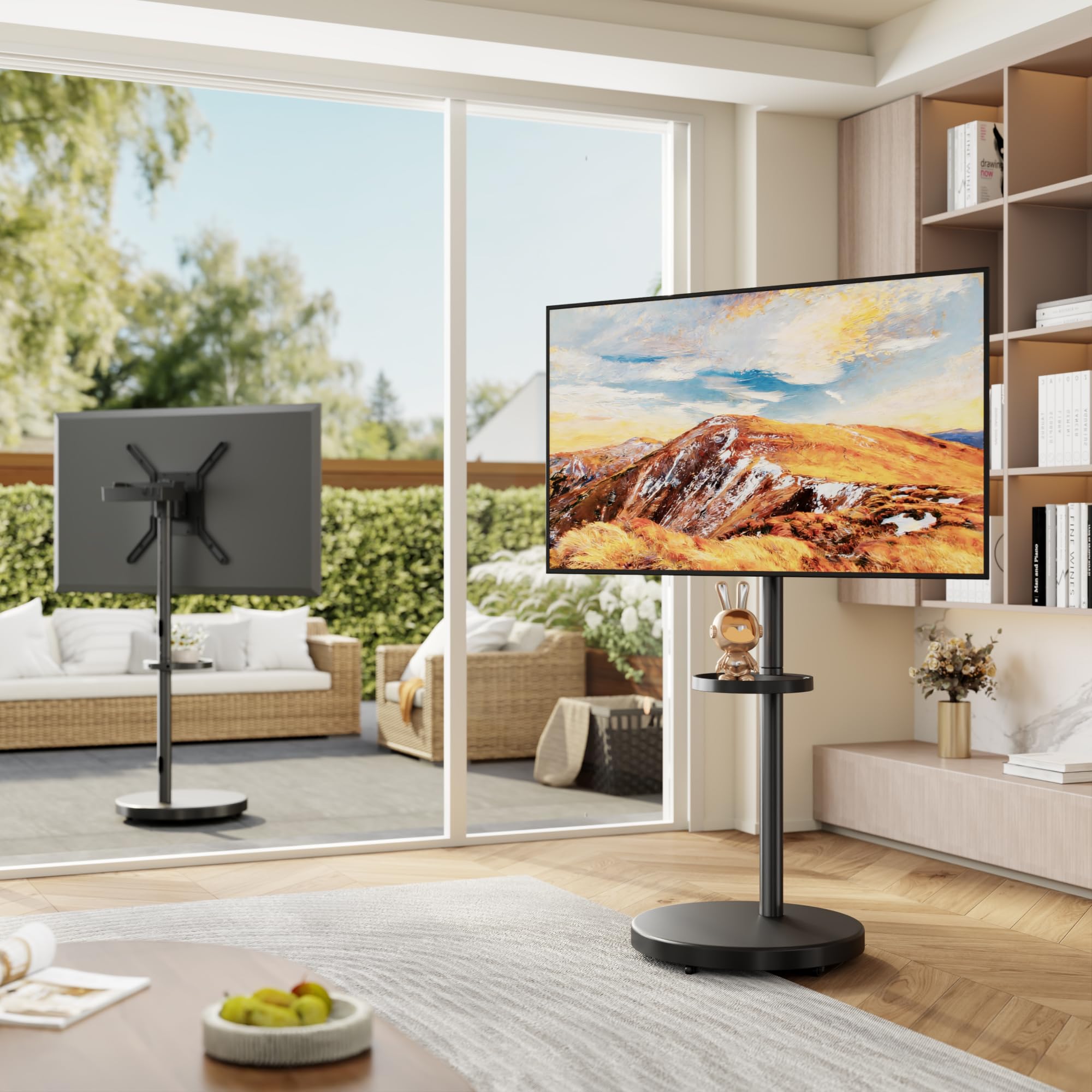 Mobilny stojak pod telewizor na kółkach – do ekranów 32–65 cali | do 40 kg– z regulacją wysokości i półką – obrót pion/poziom – maks. VESA 400x400 mm – Czarny